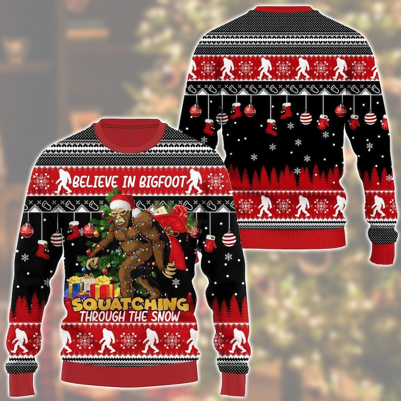 Believe In Bigfoot Scratching Through Snow Ugly Christmas Sweater