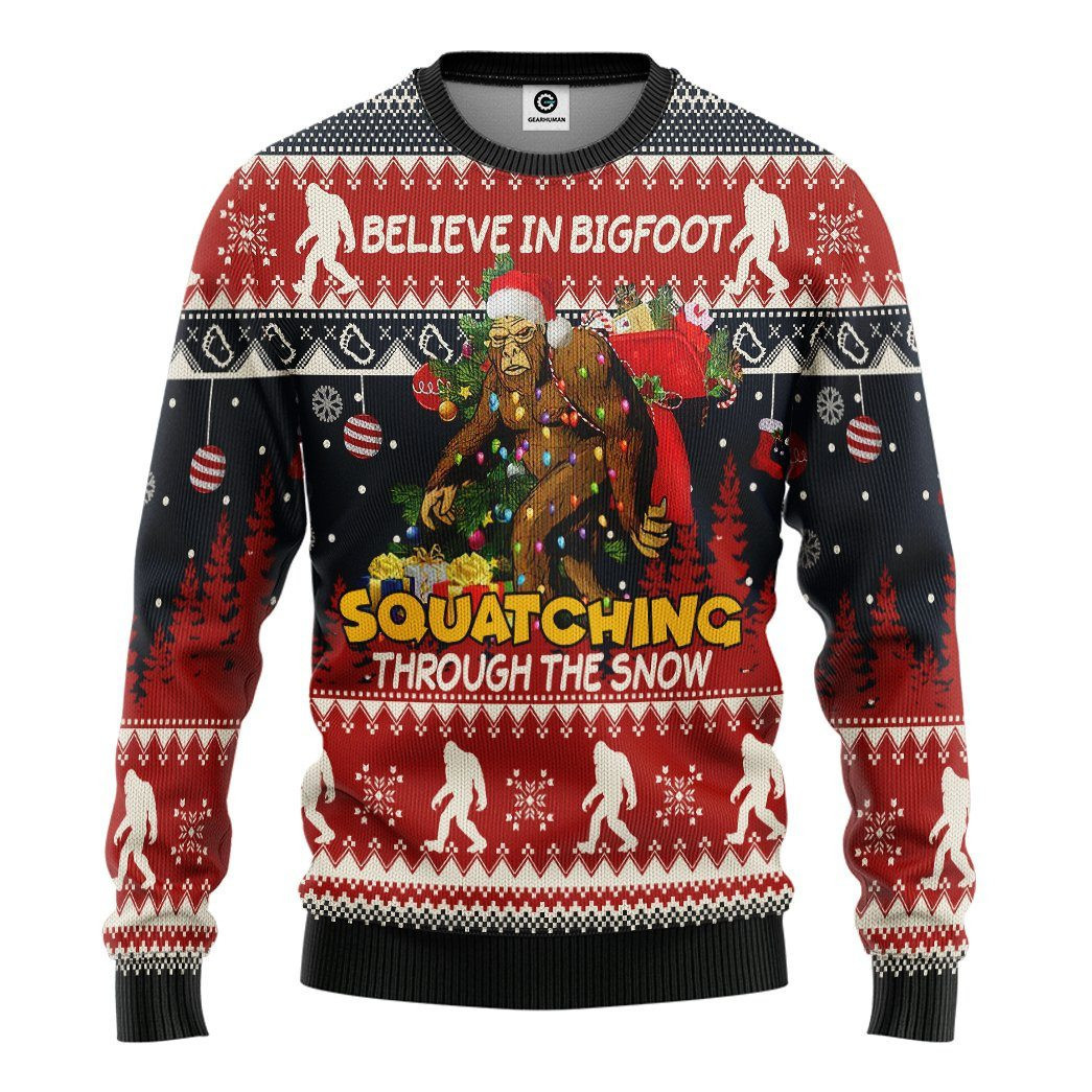 Believe In Bigfoot Squatching Through The Snow Ugly Chrstmas Sweater
