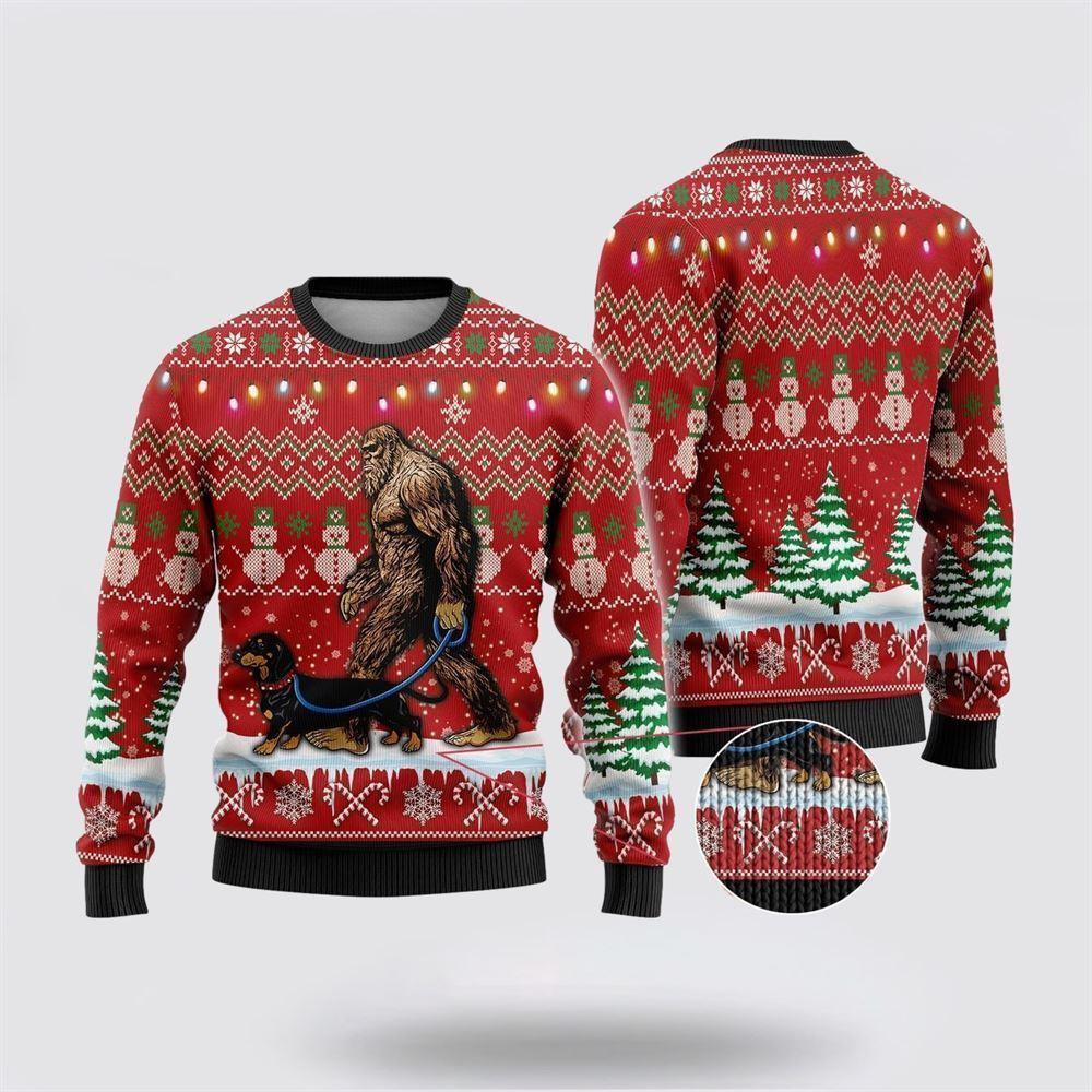 Bigfoot Walking With Husky Ugly Christmas Sweater