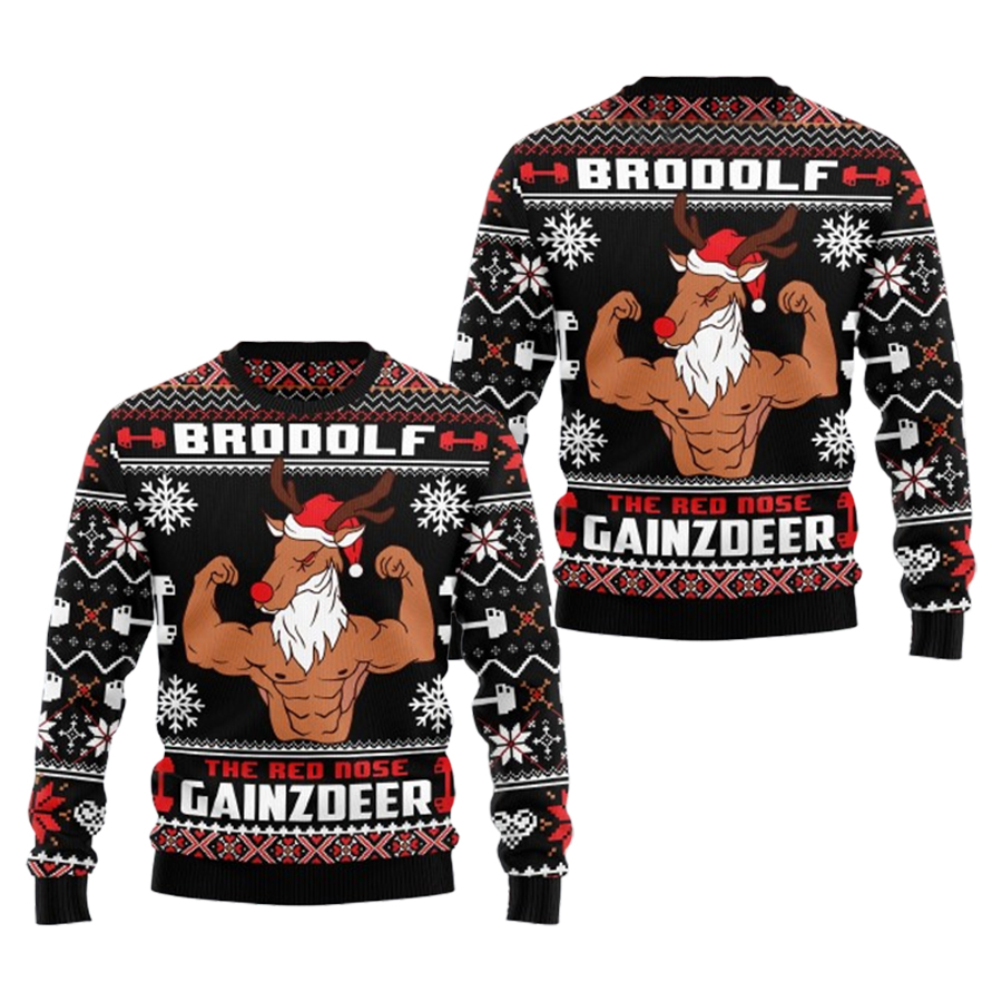 Brodolf The Red Nose Gainzdeer Gym Ugly Sweate Ugly Christmas Sweater