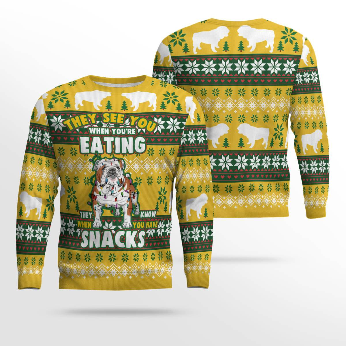 Bulldog They See You When Youre Eating Snack Ugly Christmas Sweater Gold Metallic