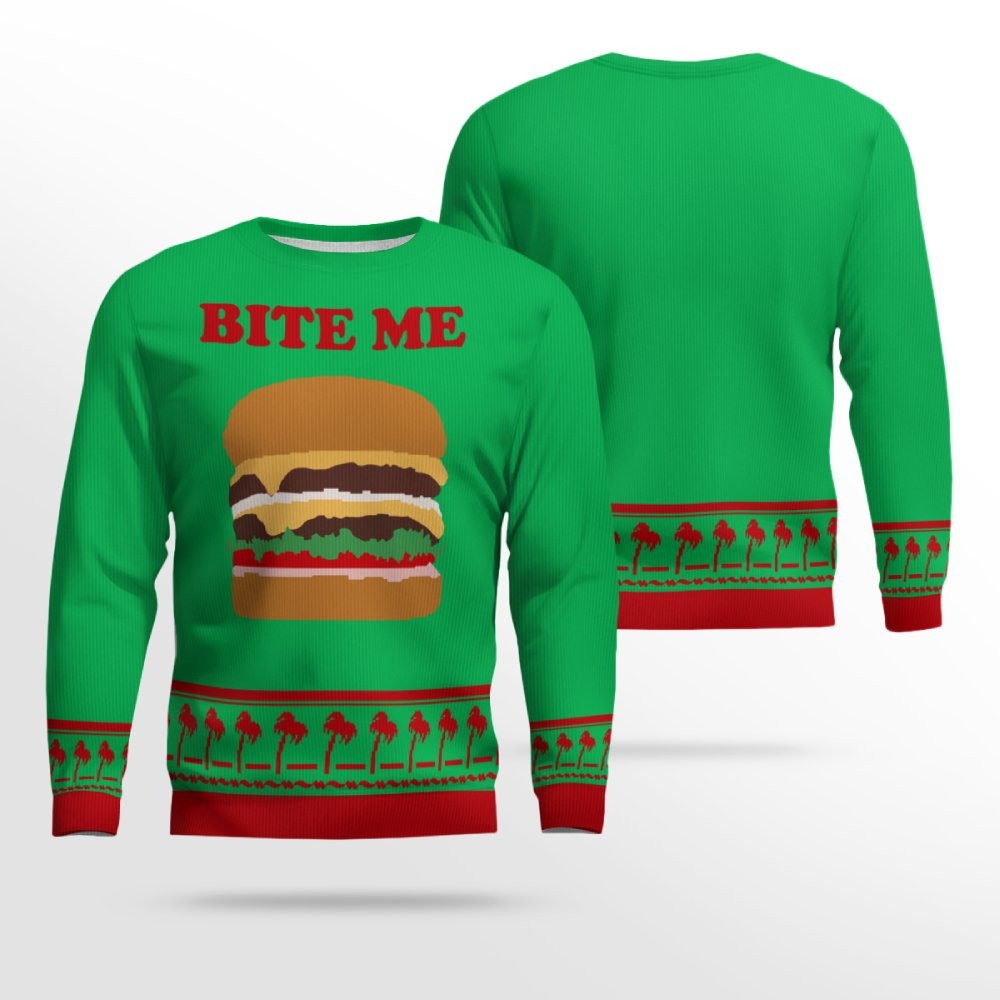 Burger Bite Me Sticker 1970 Ugly Christmas Sweater Green