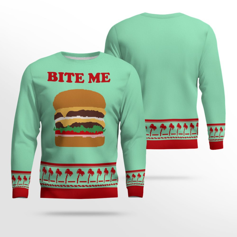 Burger Bite Me Sticker 1970 Ugly Christmas Sweater Seafoam Green