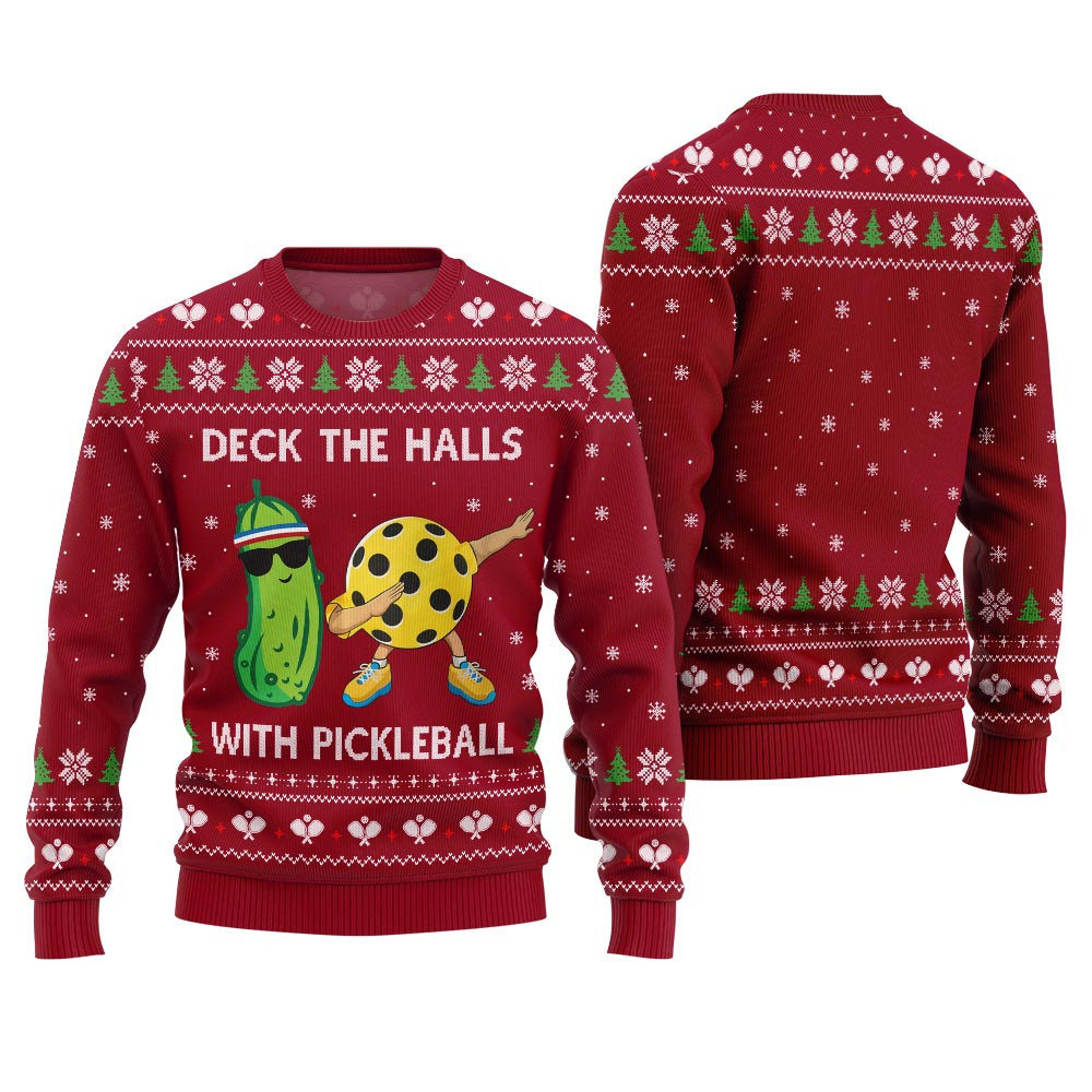 Deck The Halls With Pickleball Ugly Christmas Sweater Red