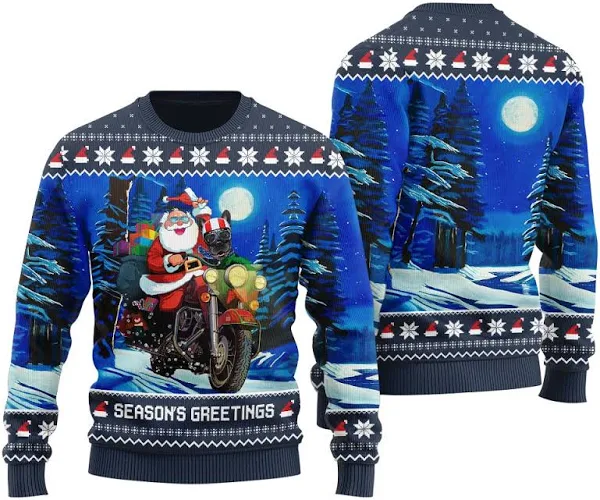 Dog Riding Motorbike With Santa Ugly Christmas Sweater