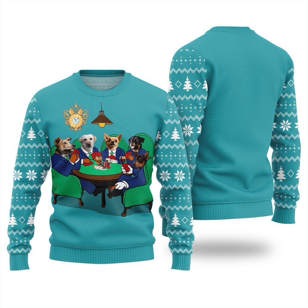 Dogs Playing Poker Christmas Ugly Sweater Mint
