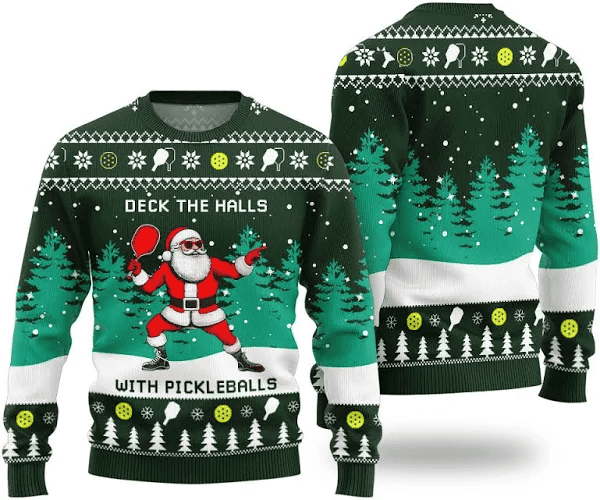 Funny Deck The Hall Pickleball Santa Ugly Christmas Sweater