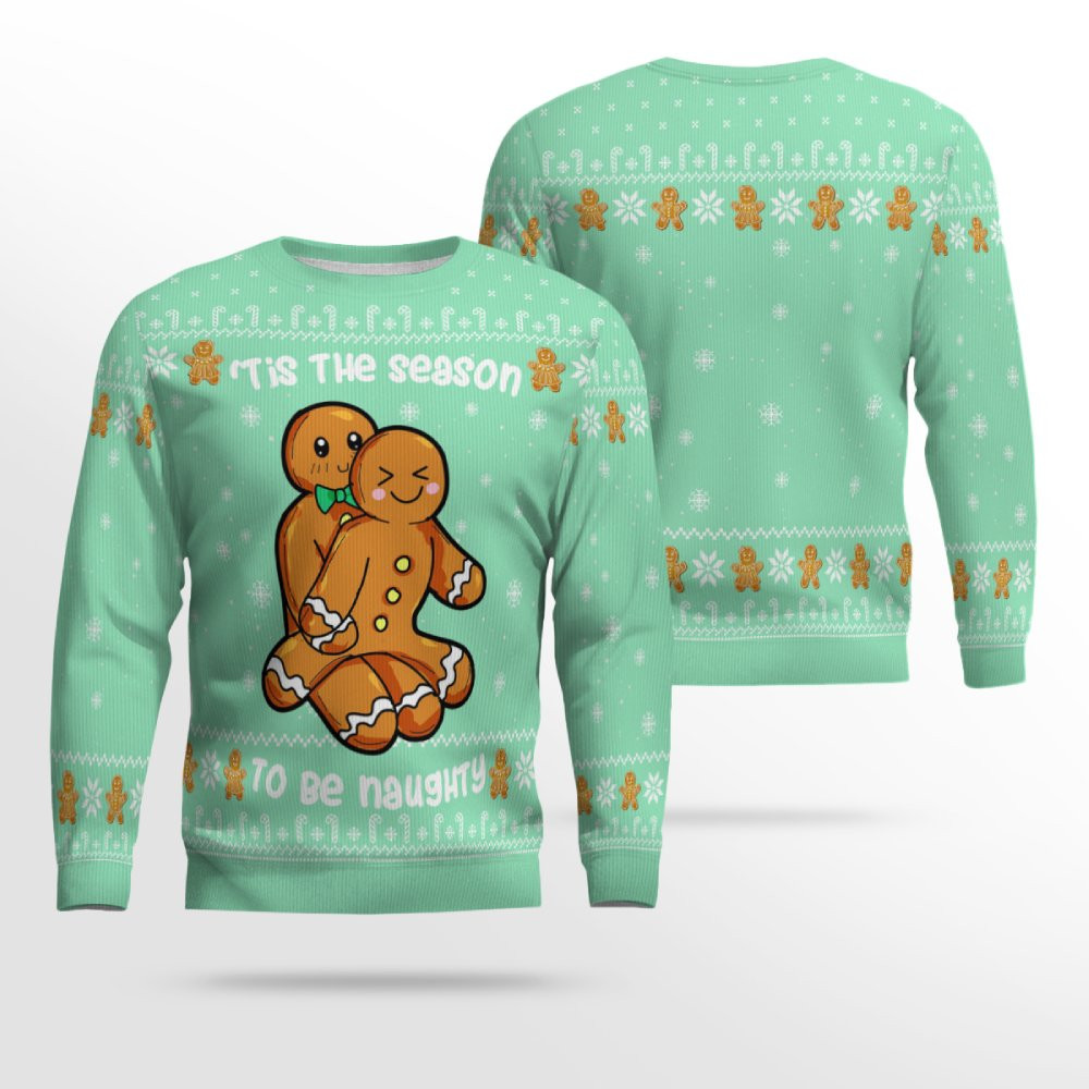 Gingerbread Tis The Season To Be Naughty Christmas Sweater Seafoam Green