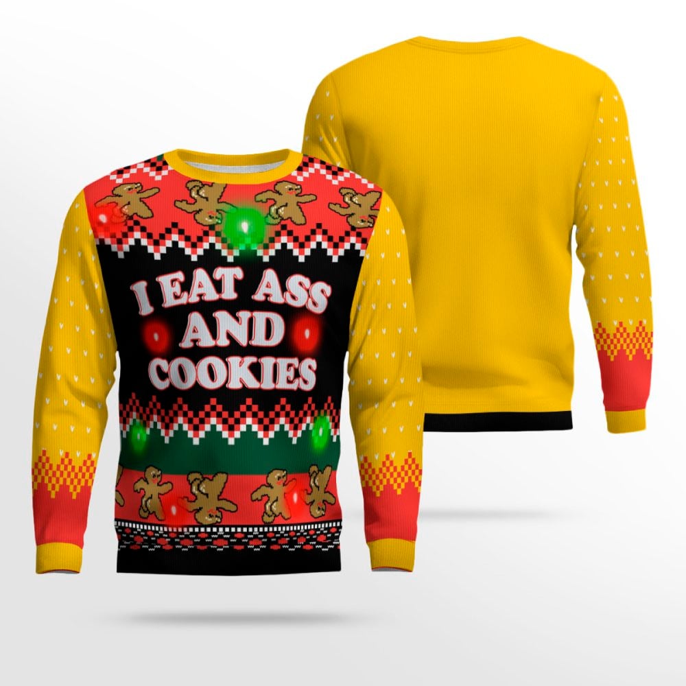I Eat Ass and Cookies Ugly Christmas Sweater Gold Metallic