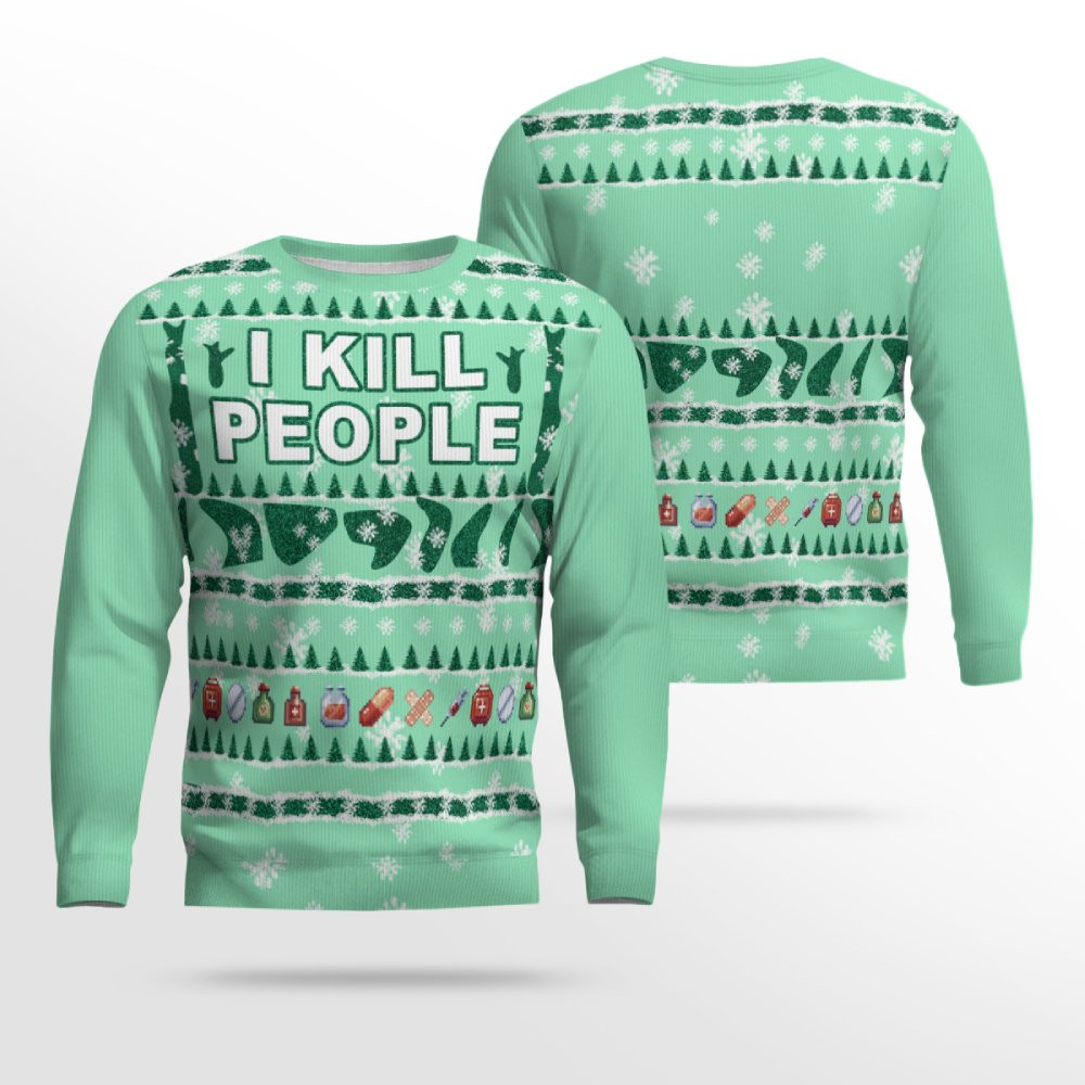 I Kill People Ugly Christmas Sweater Seafoam Green