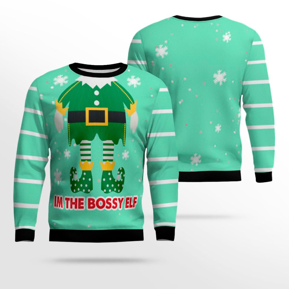 Im The Bossy Elf Ugly Christmas Sweater Seafoam Green