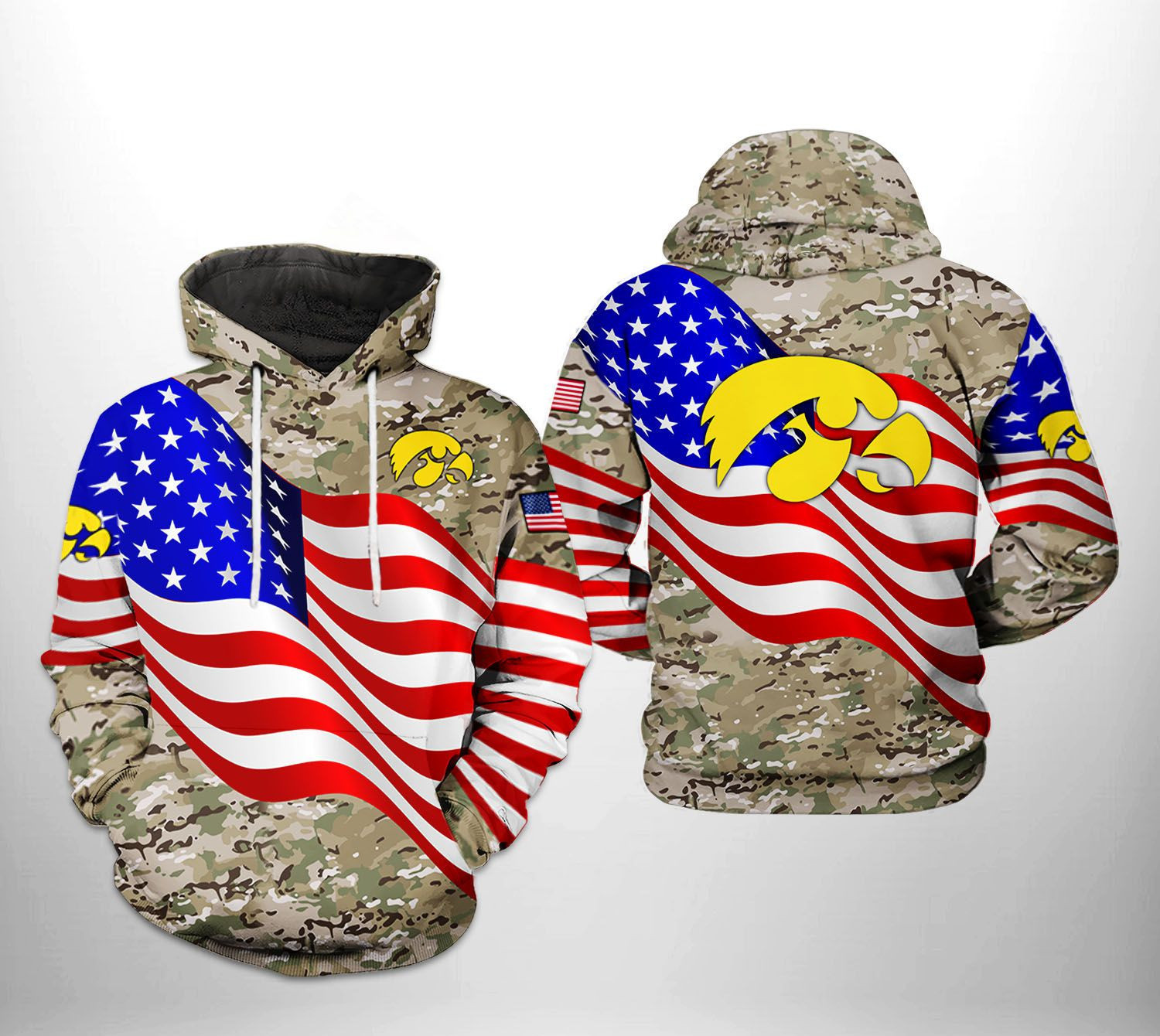 Iowa Hawkeyes NCAA US Flag Camo Veteran Hoodie Zip Hoodie