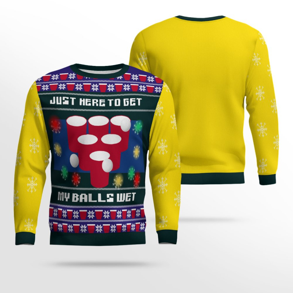 Just Here to Get My Balls Wet Beer Pong Ugly Christmas Sweater Golden Yellow