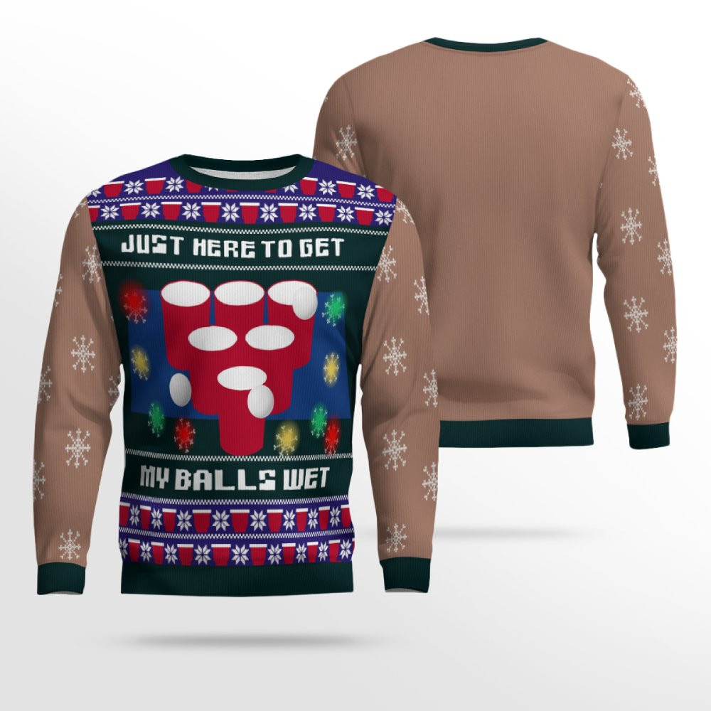 Just Here to Get My Balls Wet Beer Pong Ugly Christmas Sweater Mocha Mousse