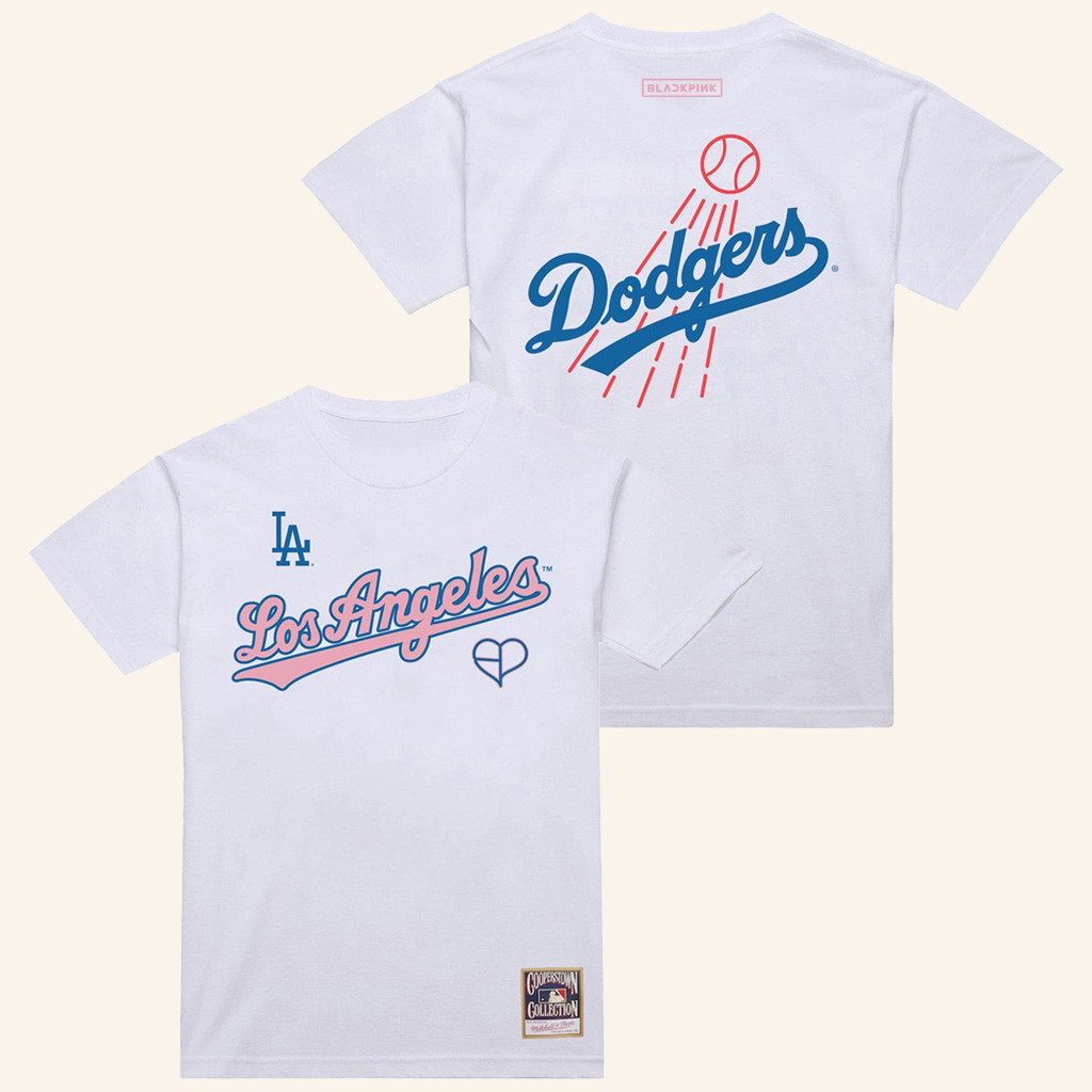 MLB Black Pink Merch Los Angeles Dodgers Mitchell And Ness x BLACKPINK White T-Shirt Her Gifts