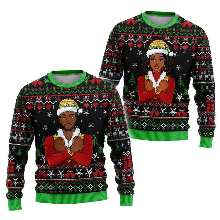 Mr. and Mrs. Santa With African Traditional Costume Ugly Sweater