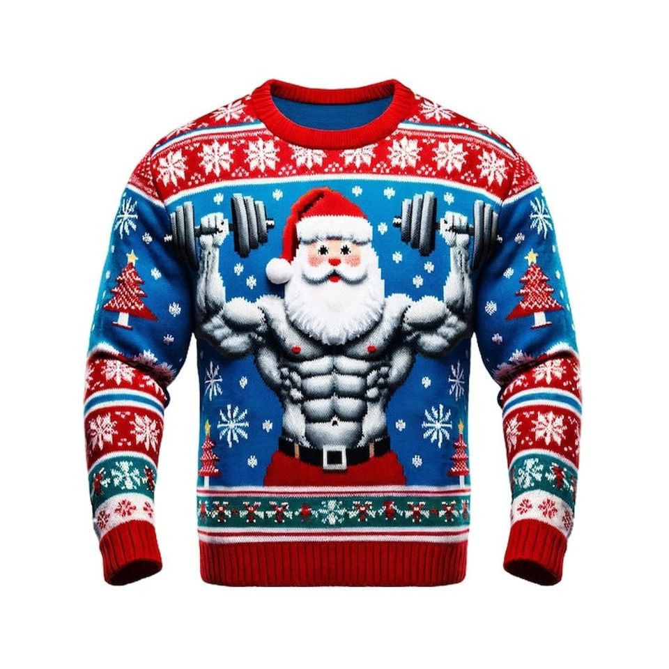 Muscular Santa Claus Gym Lifting Ugly Christmas Sweater