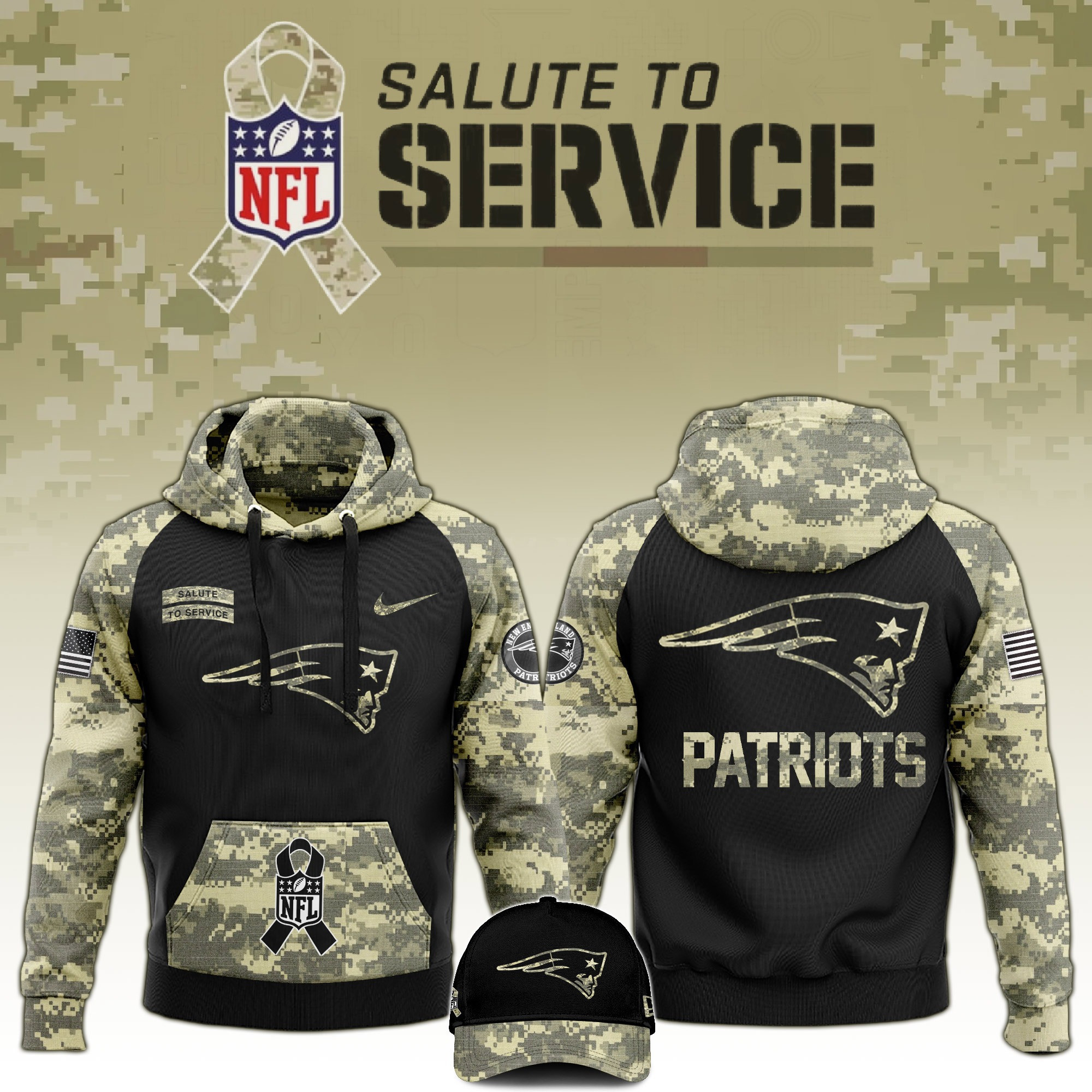 New England Patriots Salute to Service Club Camo Hoodie And Hat NFL Fan Merch