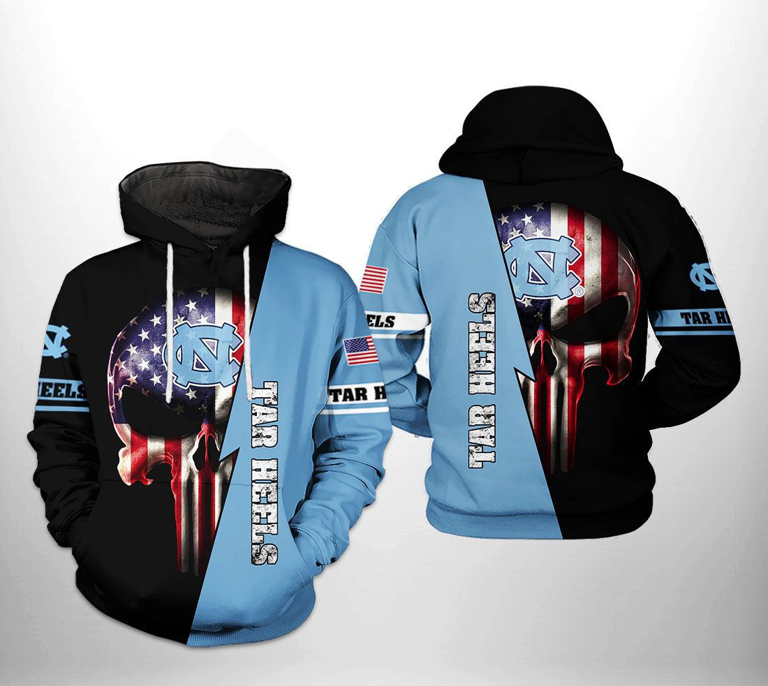 North Carolina Tar Heels NCAA US Flag Skull Hoodie Zip Hoodie