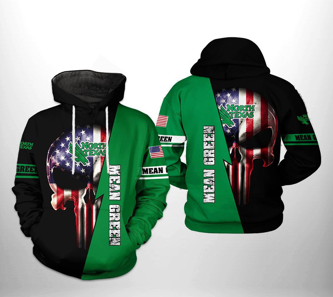 North Texas Mean Green NCAA US Flag Skull Hoodie Zip Hoodie