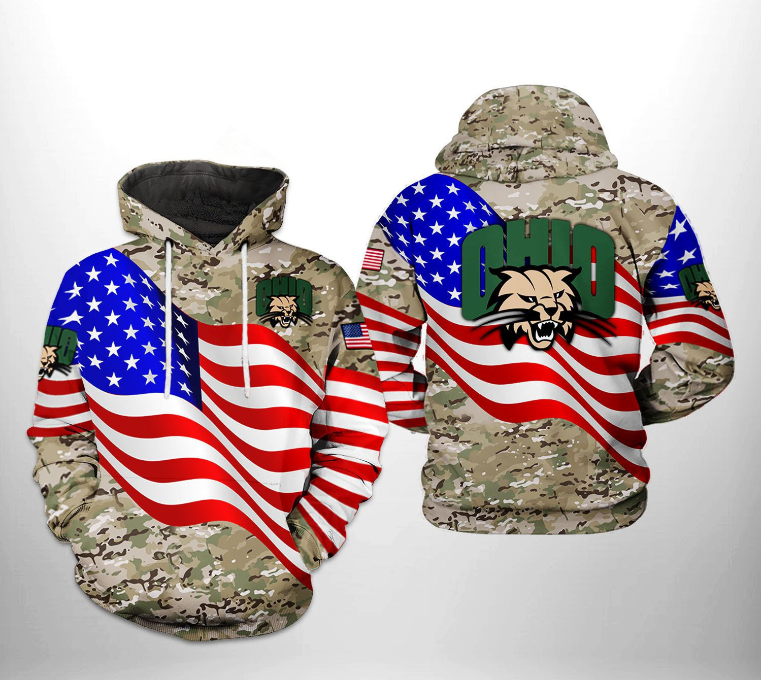 Ohio Bobcats NCAA US Flag Camo Veteran Hoodie Zip Hoodie