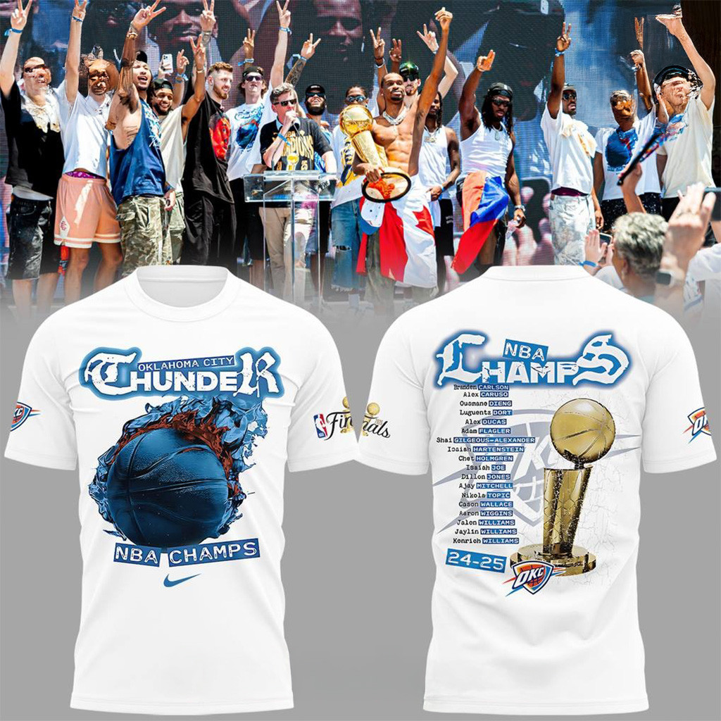 Oklahoma City Thunder 2025 NBA Champs Celebration White T-Shirt OKC Merch Fans Gifts