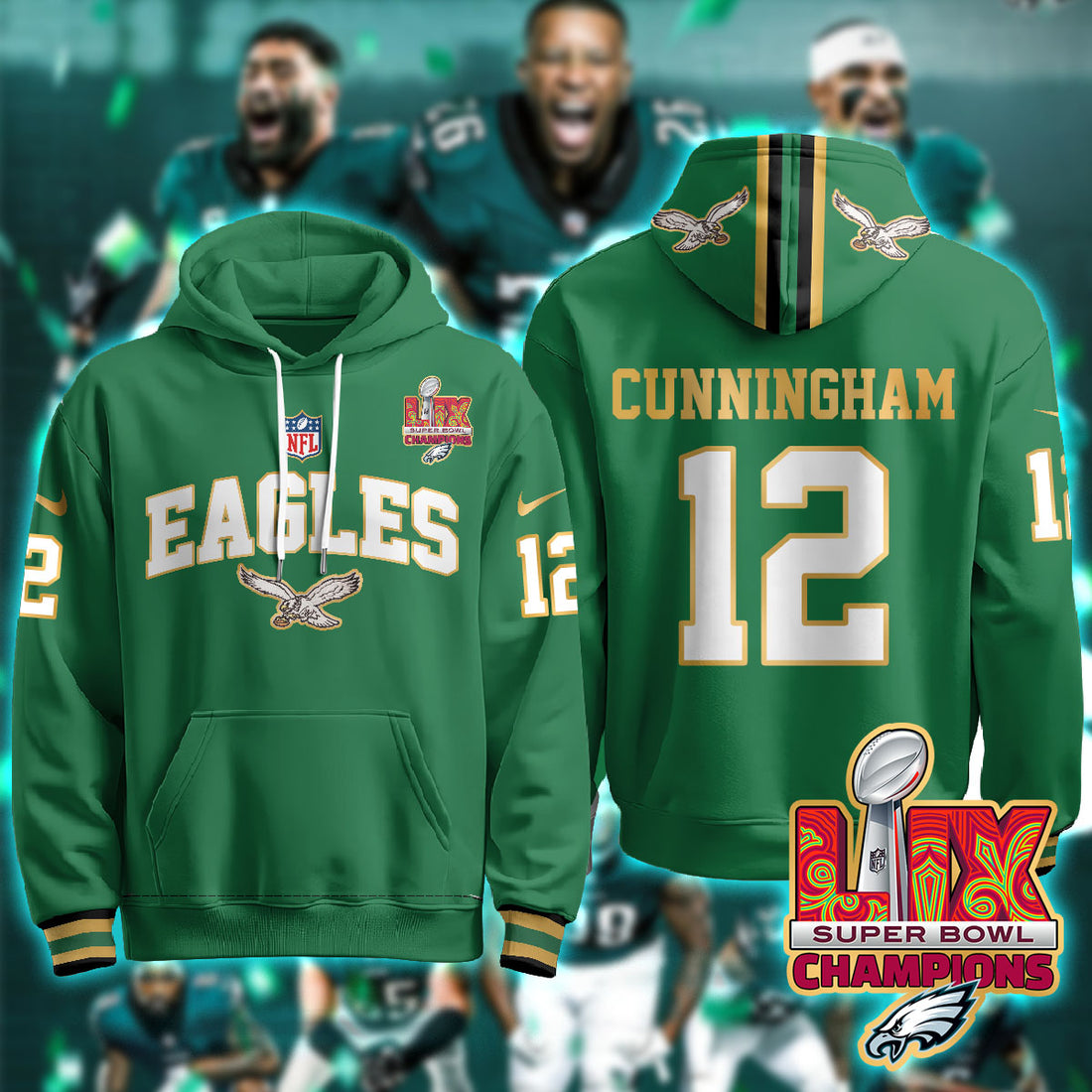 Philadelphia Eagles Cunningham 12 Super Bowl LIX Champions Gold Green Hoodie