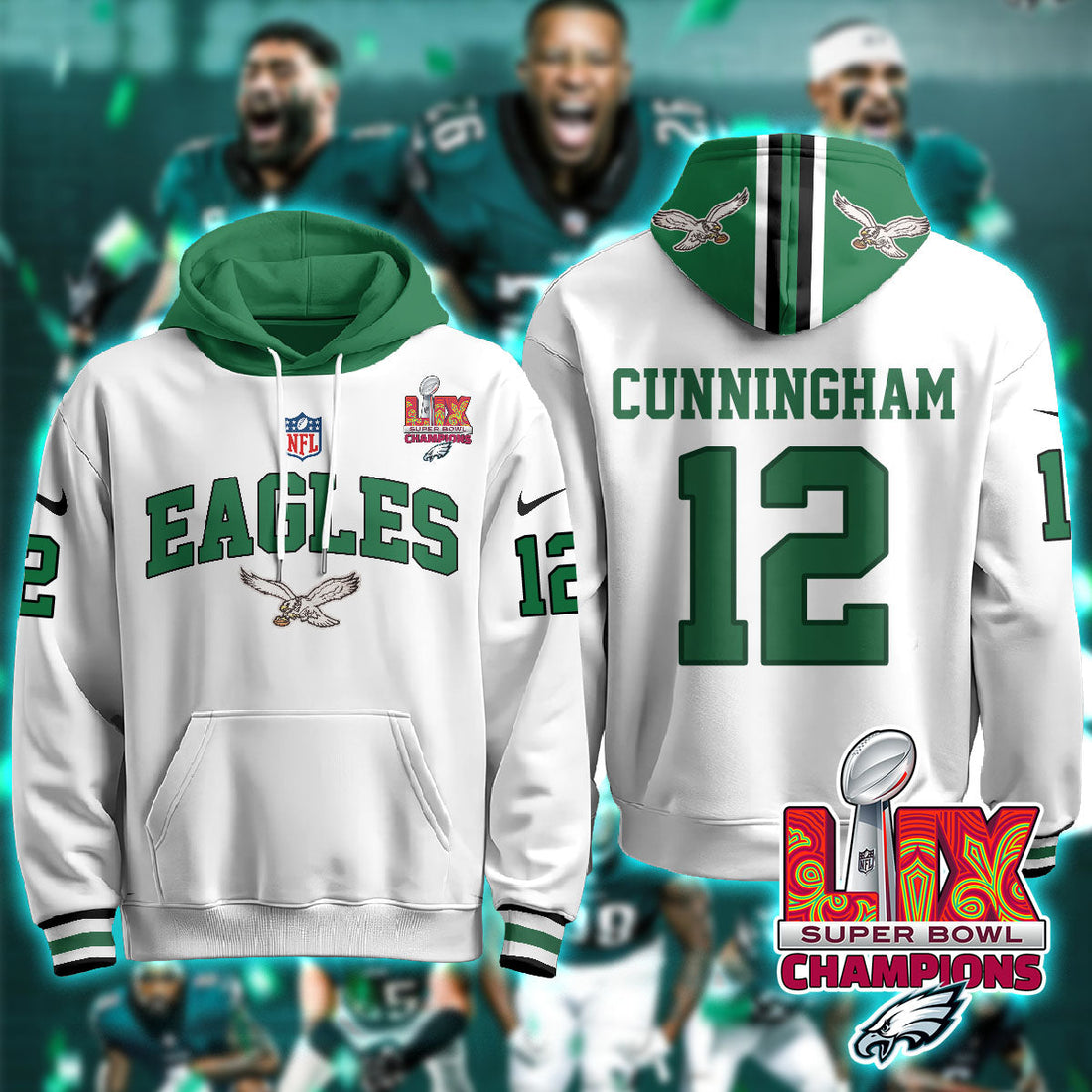 Philadelphia Eagles Cunningham 12 Super Bowl LIX Champions White Hoodie