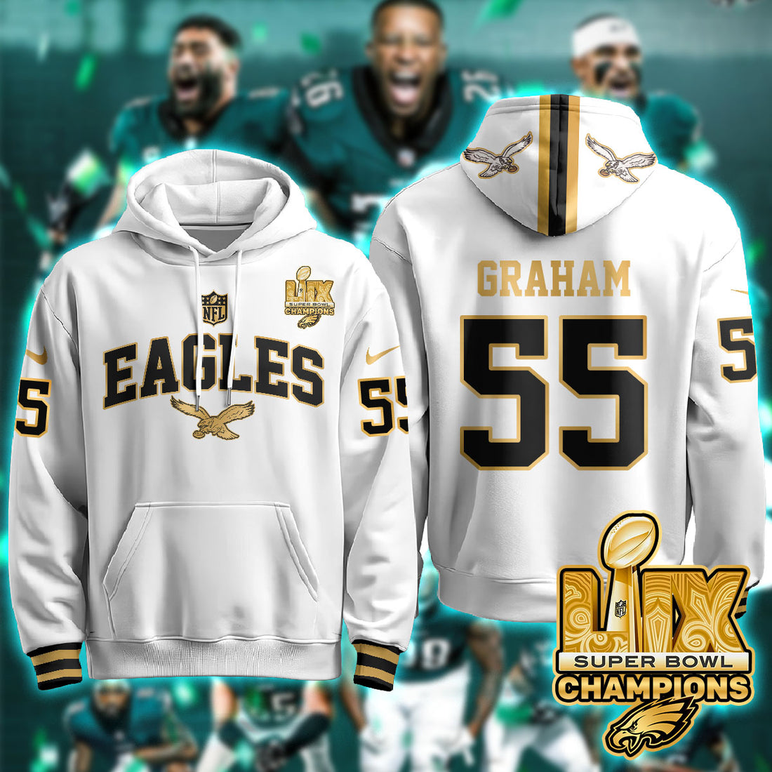 Philadelphia Eagles Graham 55 Super Bowl LIX Champions Gold White Gold Hoodie