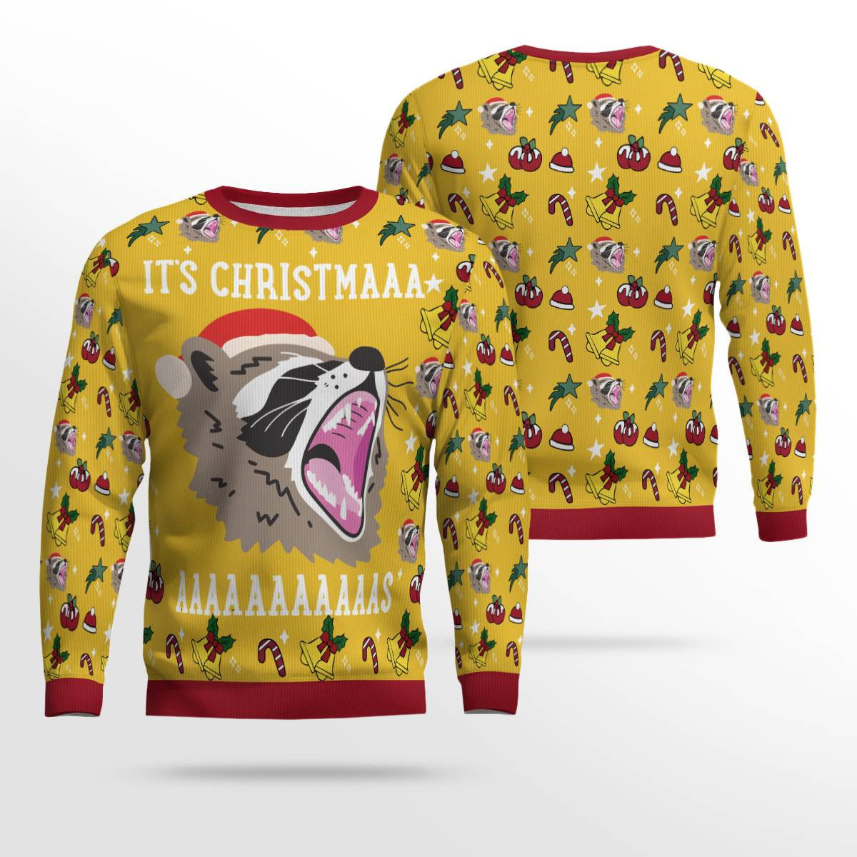 Raccoon Its Christmas Ugly Christmas Sweater Gold Metallic