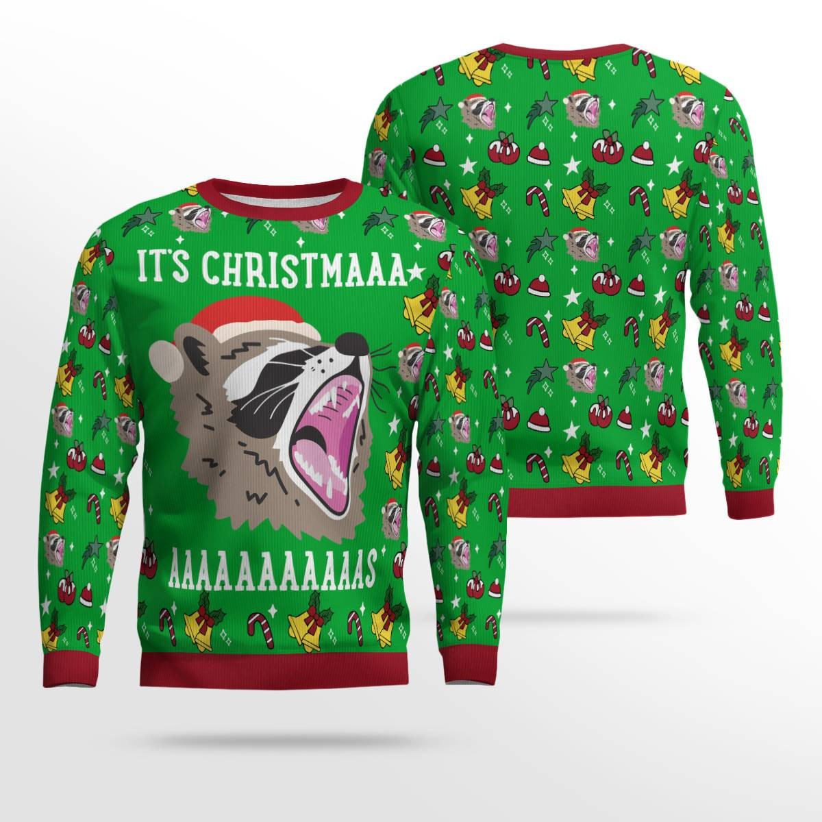 Raccoon Its Christmas Ugly Christmas Sweater Green