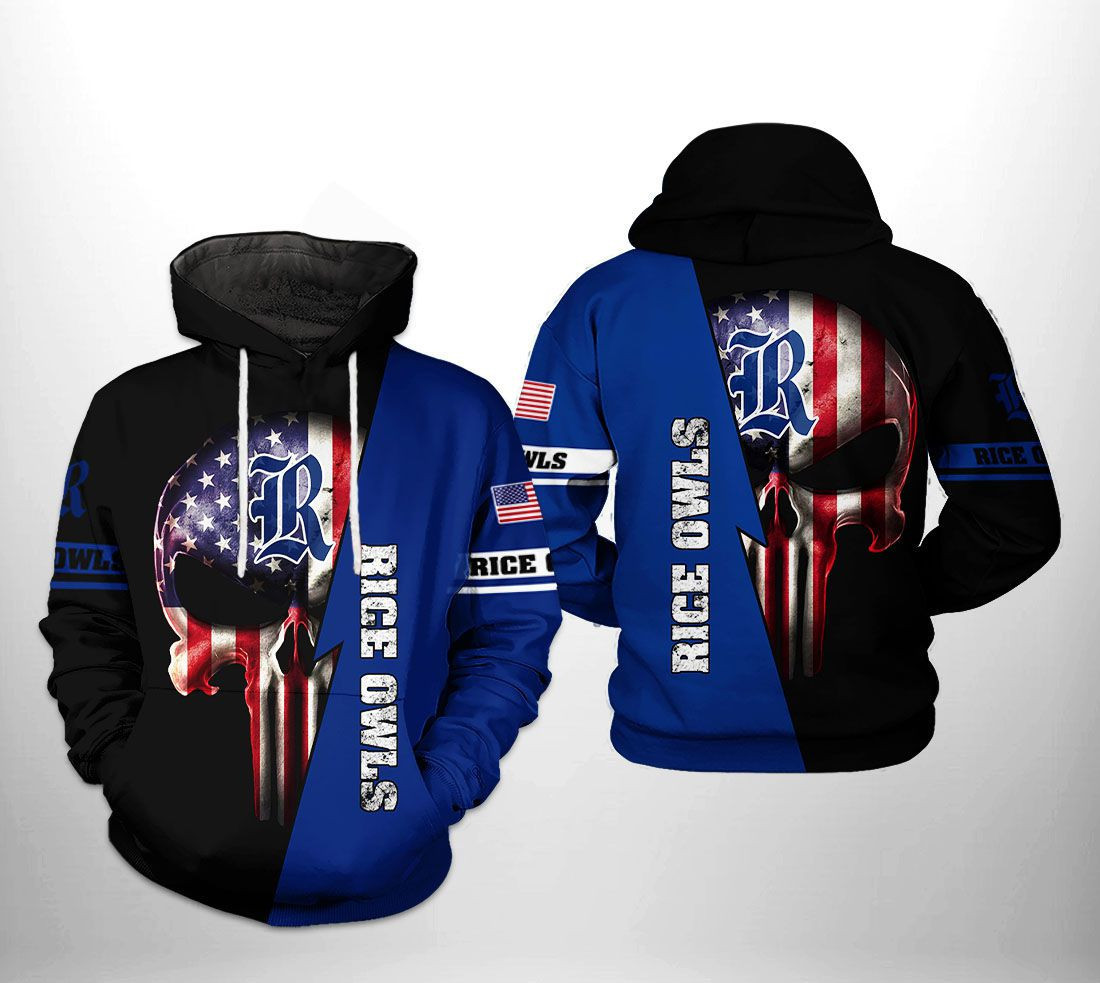 Rice Owls NCAA US Flag Skull Hoodie Zip Hoodie
