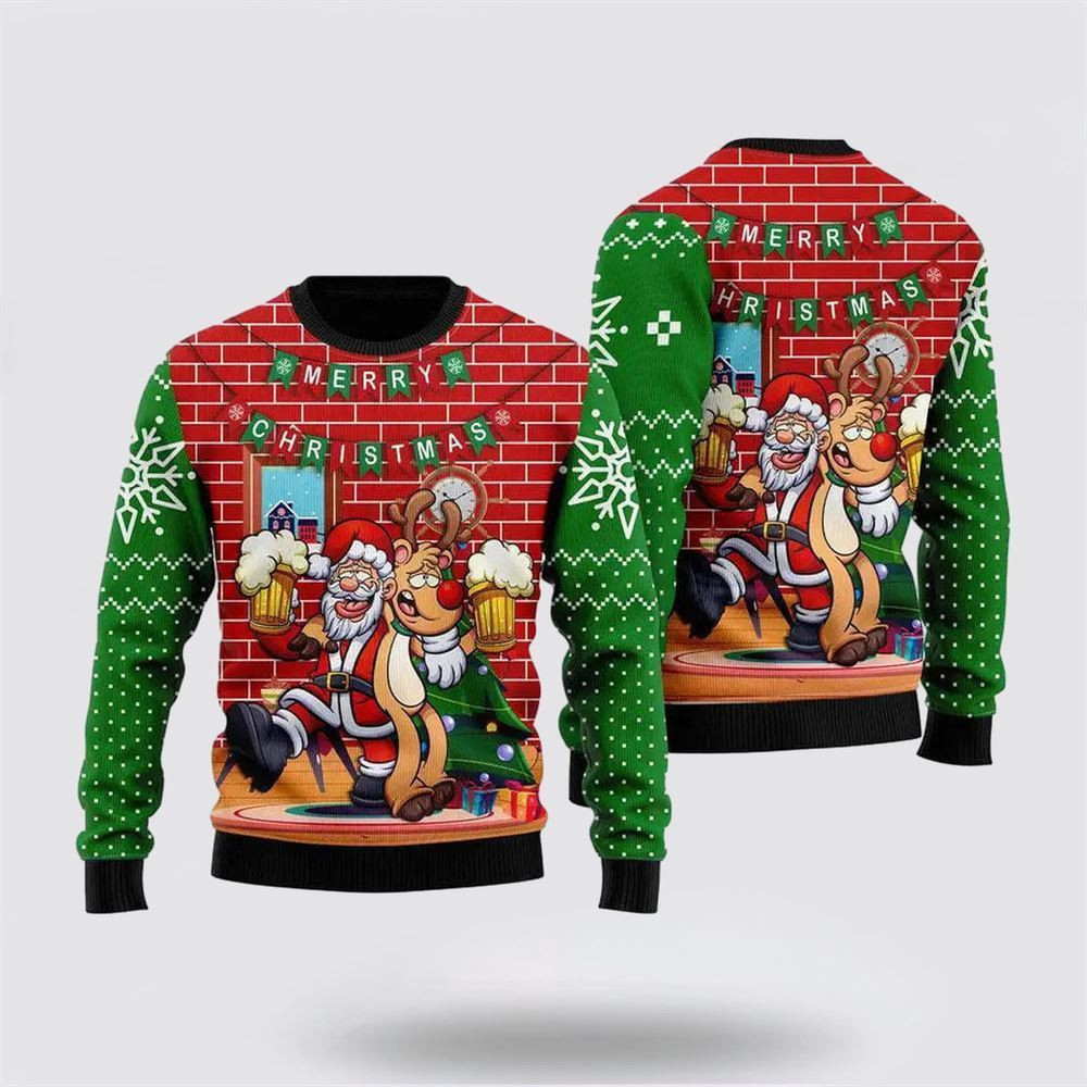 Santa Claus Drunk Merry Xmas Funny Ugly Christmas Sweater