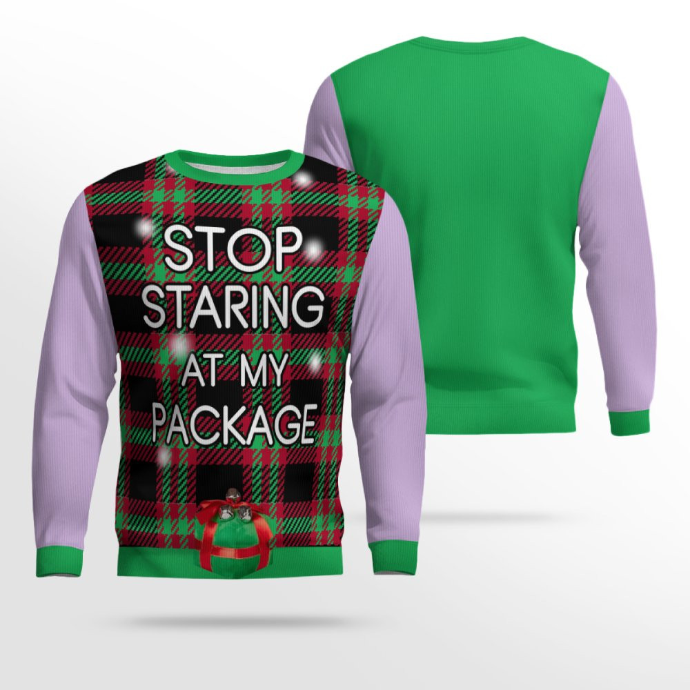 Stop Staring at My Package Ugly Christmas Sweater Dreamy Lavender