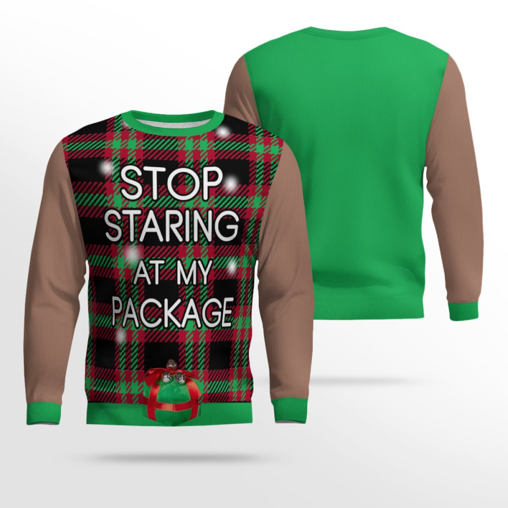 Stop Staring at My Package Ugly Christmas Sweater Mocha Mousse