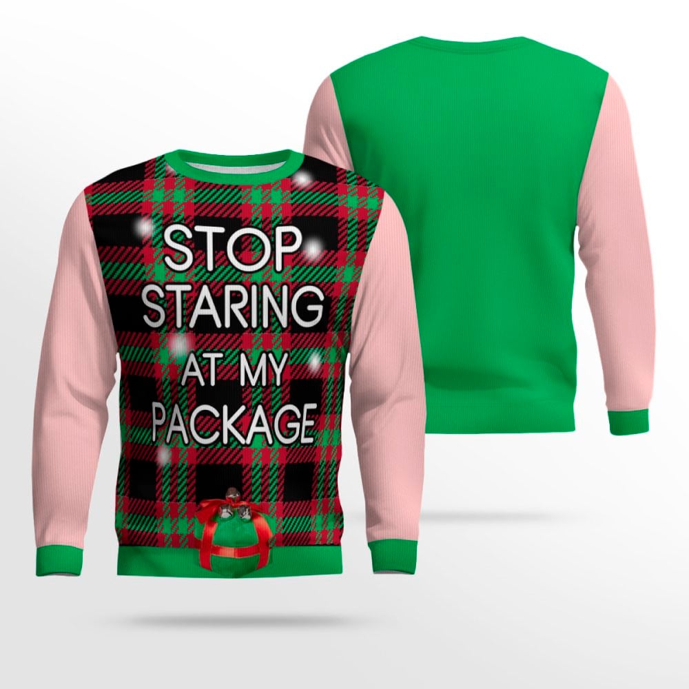 Stop Staring at My Package Ugly Christmas Sweater Powder Pink