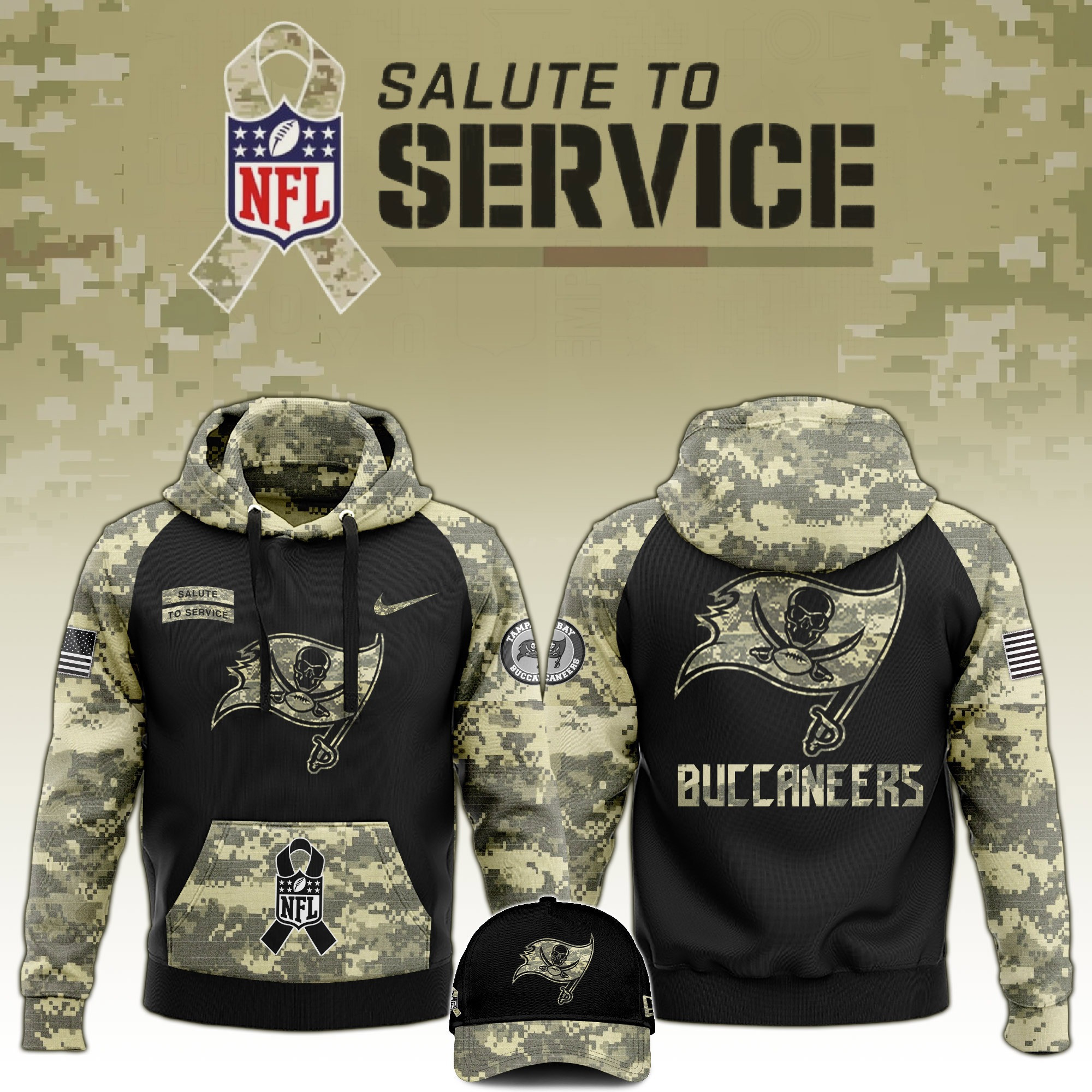 Tampa Bay Buccaneers Salute to Service Club Camo Hoodie And Hat Perfect Gift For Dad