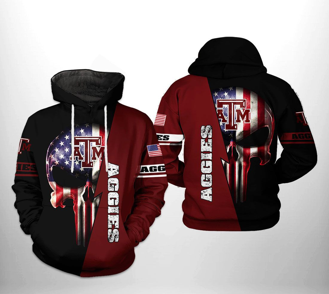 Texas AM Aggies NCAA US Flag Skull Hoodie Zip Hoodie