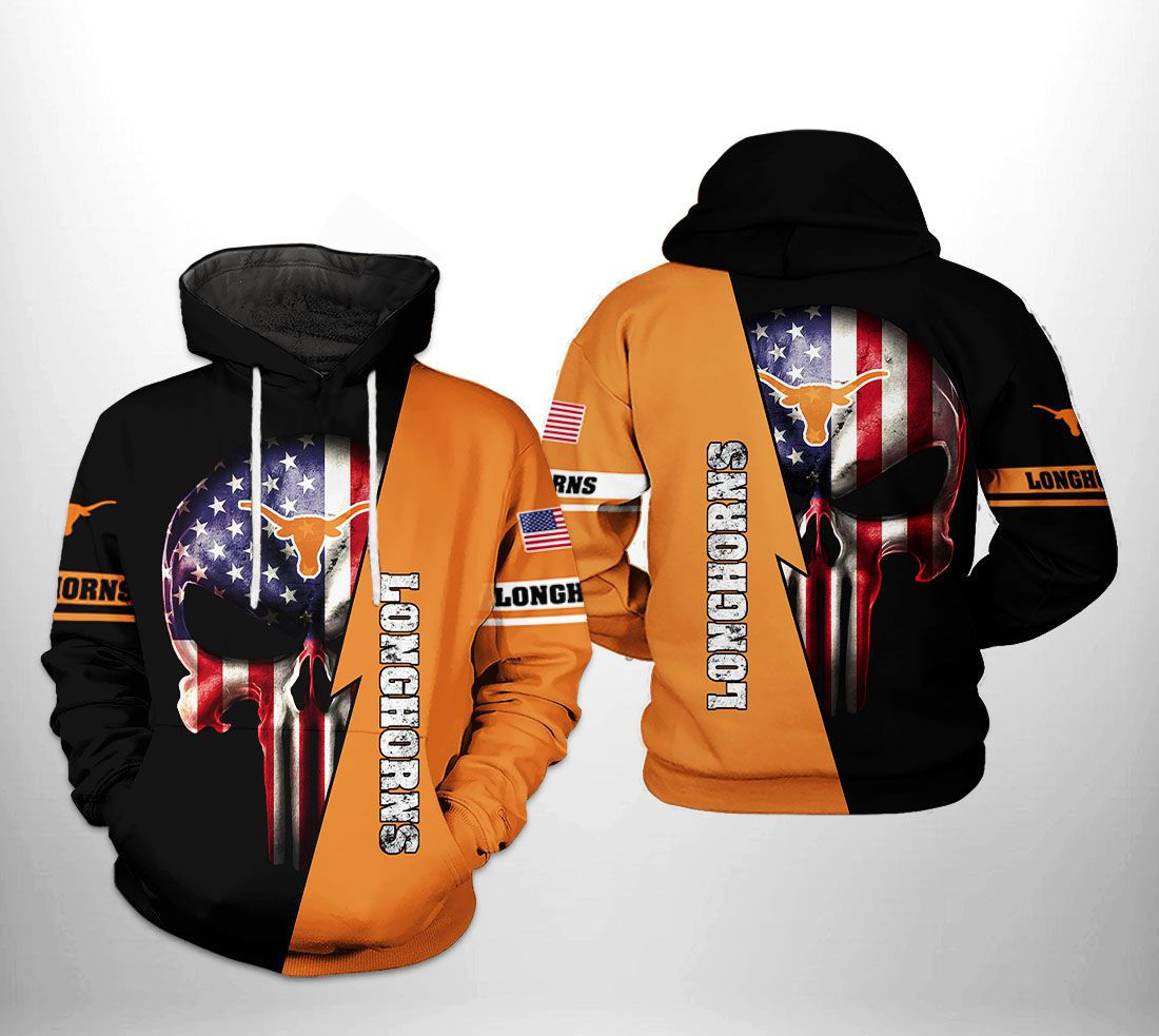 Texas Longhorns NCAA US Flag Skull Hoodie Zip Hoodie