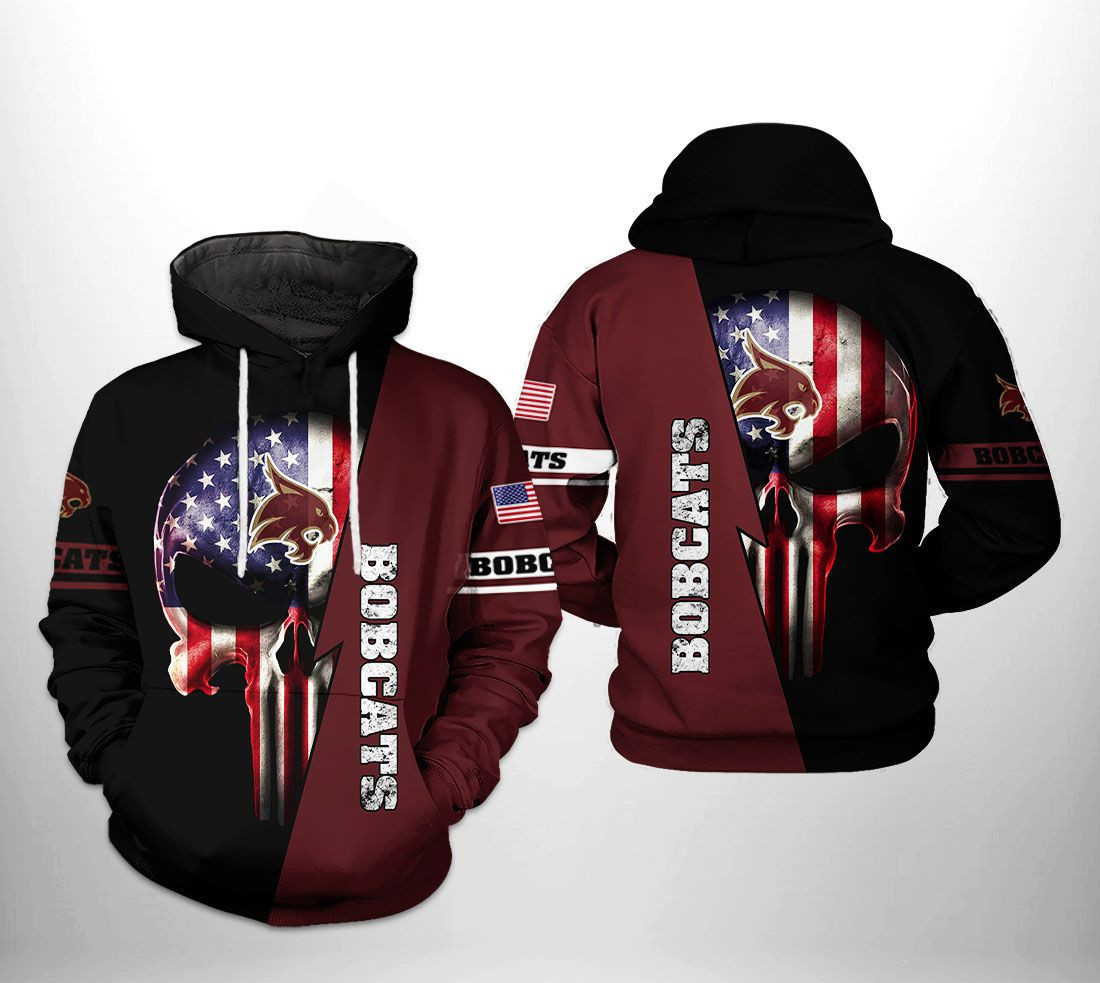 Texas State Bobcats NCAA US Flag Skull Hoodie Zip Hoodie