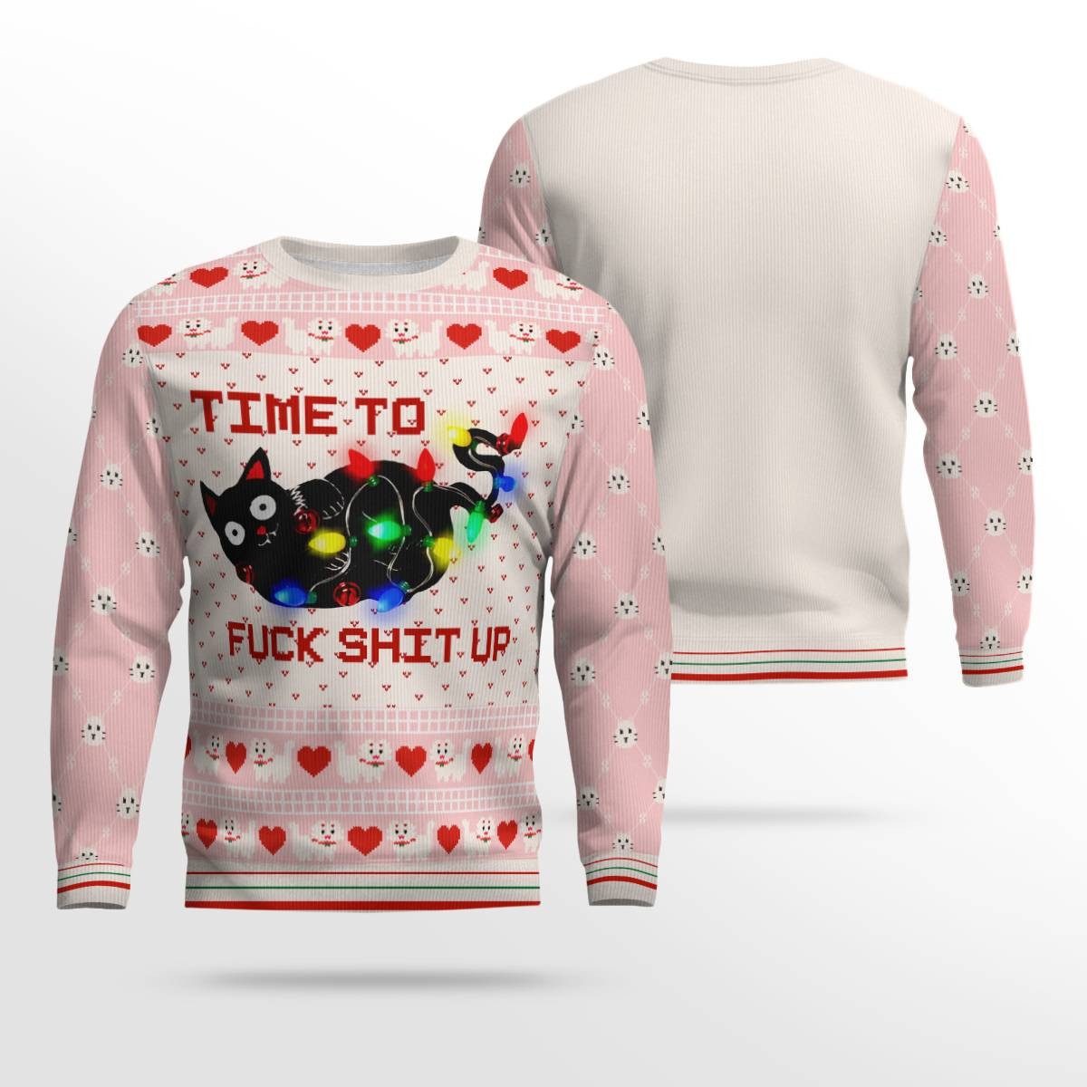 Time to Fuck Shit up Cat Ugly Christmas Sweater Powder Pink