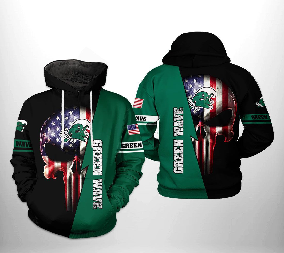 Tulane Green Wave NCAA US Flag Skull Hoodie Zip Hoodie