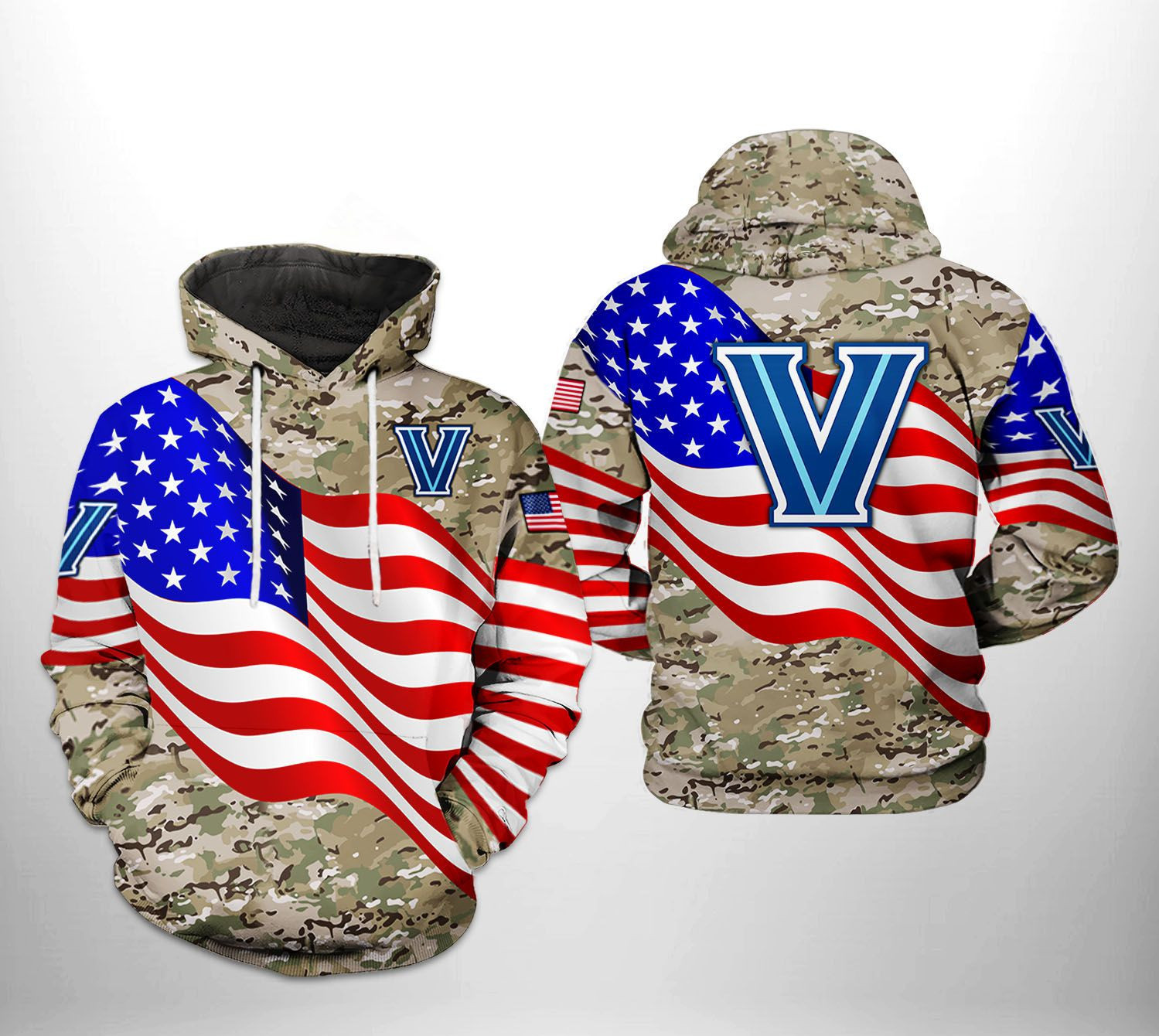 Villanova Wildcats NCAA US Flag Camo Veteran Hoodie Zip Hoodie