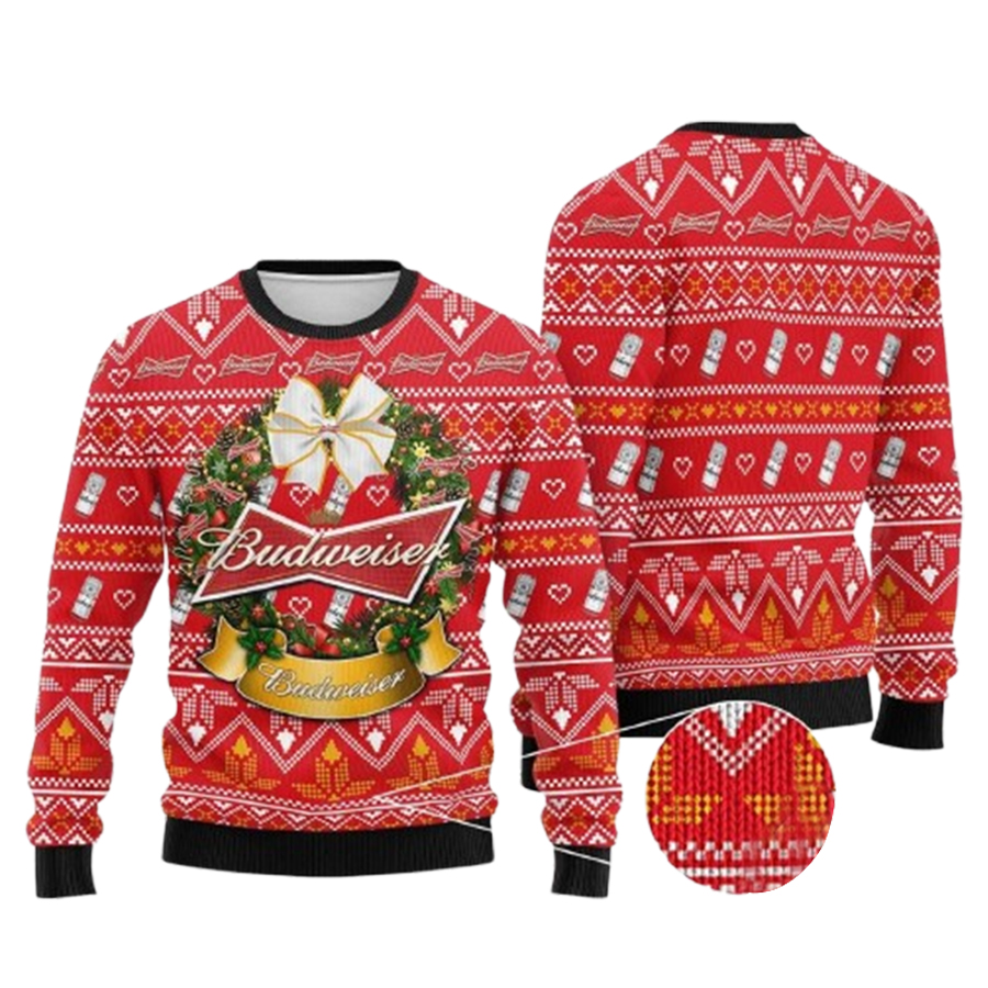 Wreath Budweiser Beer Holiday Ugly Christmas Sweater
