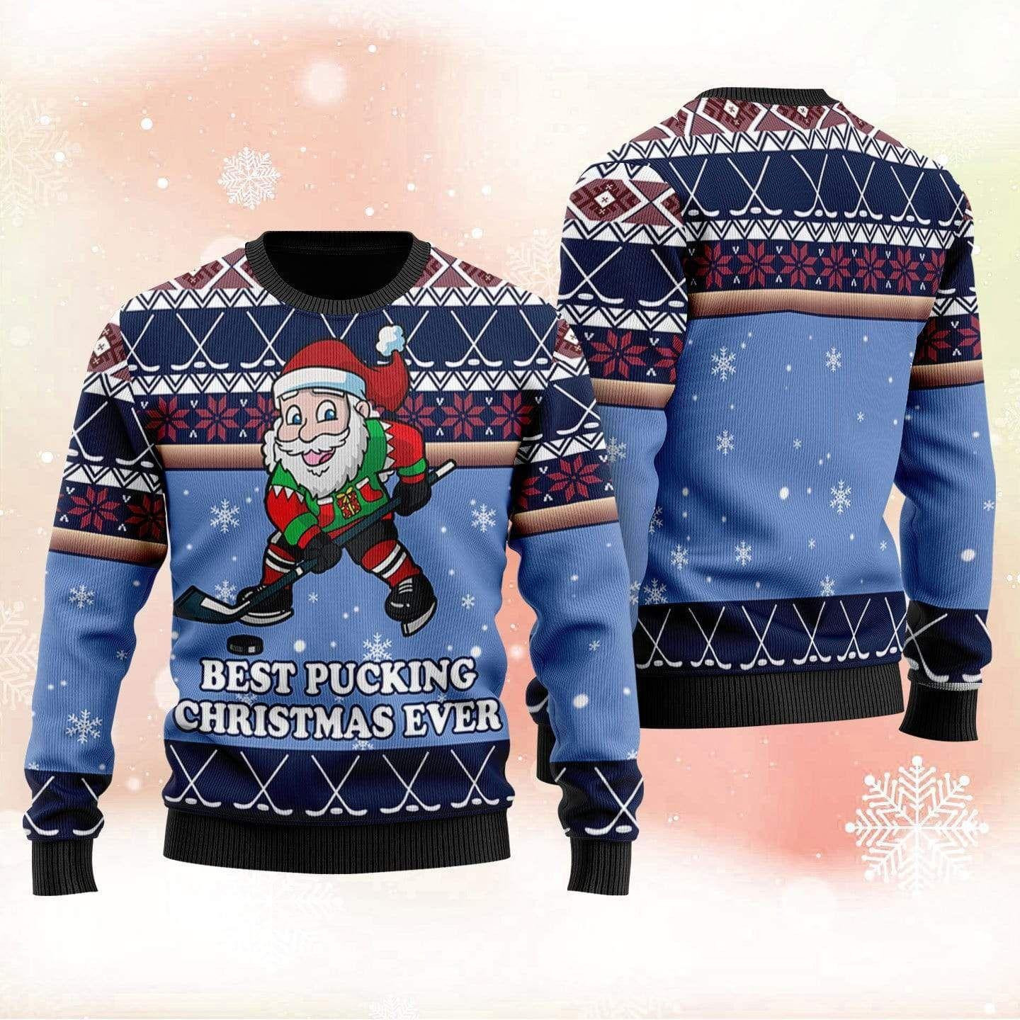 Best Pucking Chirtsmas Ever Blue Hockey Ugly Christmas Sweater
