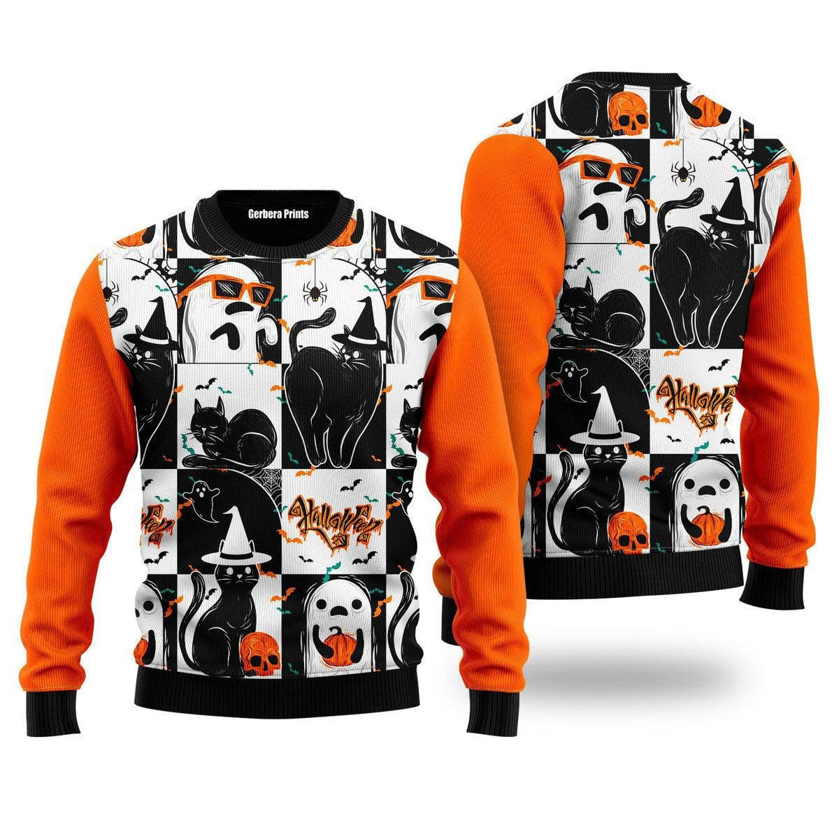 Black Cat and Ghost Halloween Ugly Christmas Sweater
