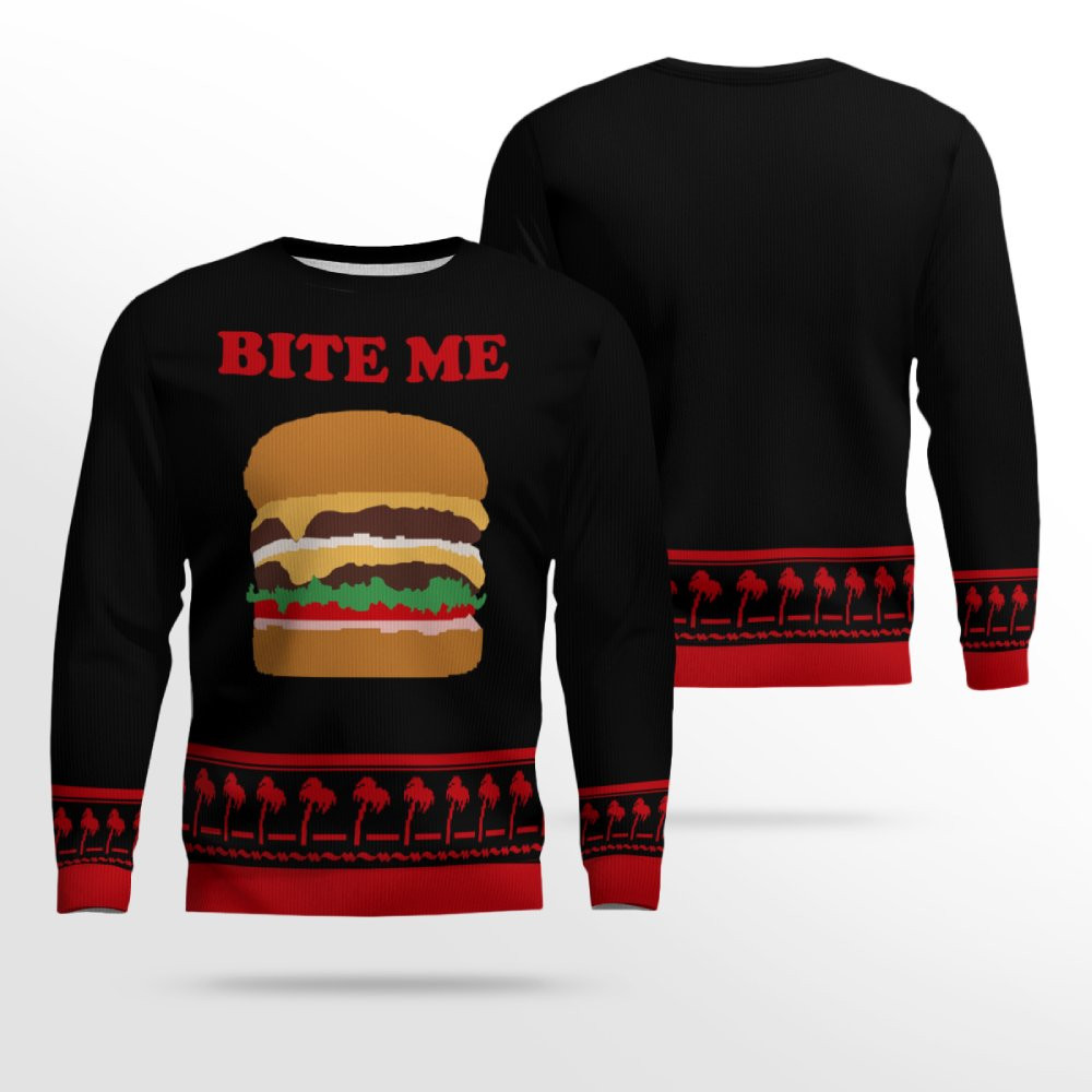 Burger Bite Me Sticker 1970 Ugly Christmas Sweater Black