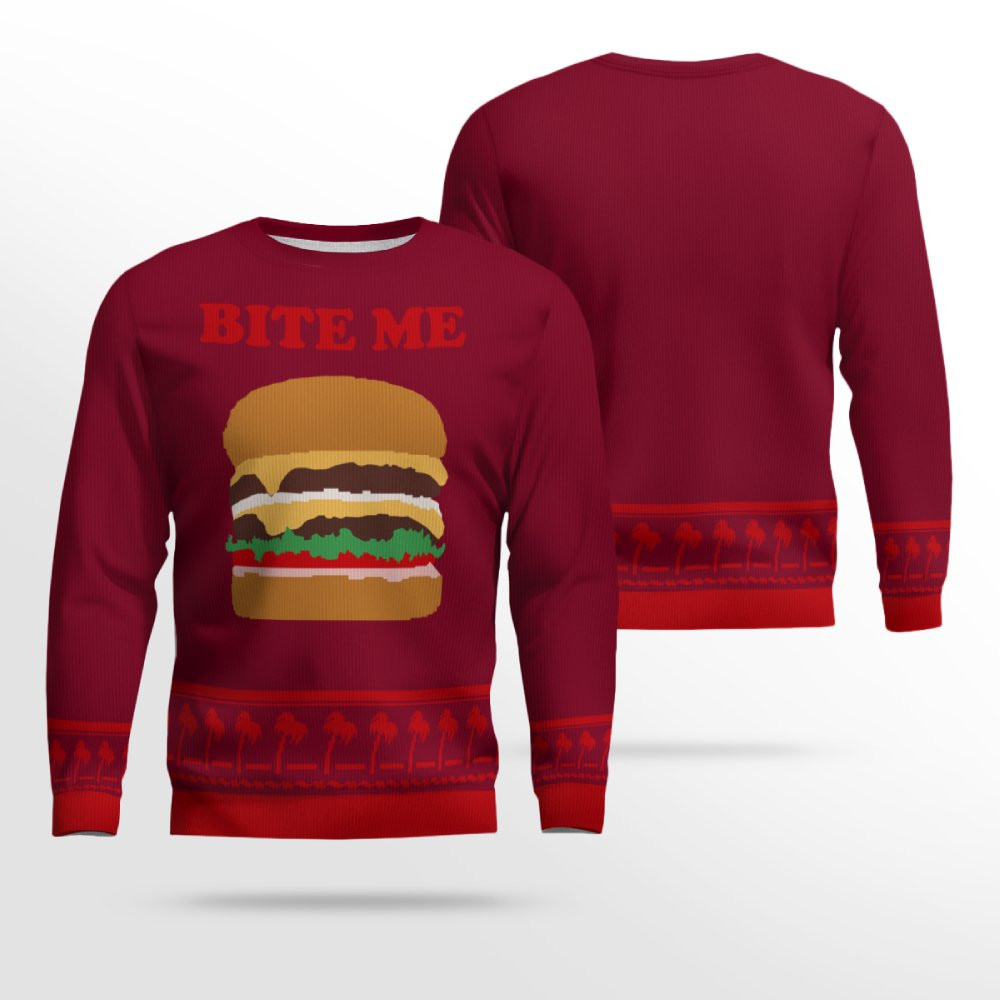 Burger Bite Me Sticker 1970 Ugly Christmas Sweater Burgundy