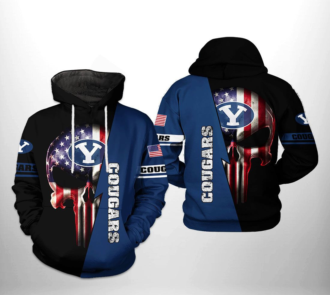 BYU Cougars NCAA US Flag Skull Hoodie Zip Hoodie