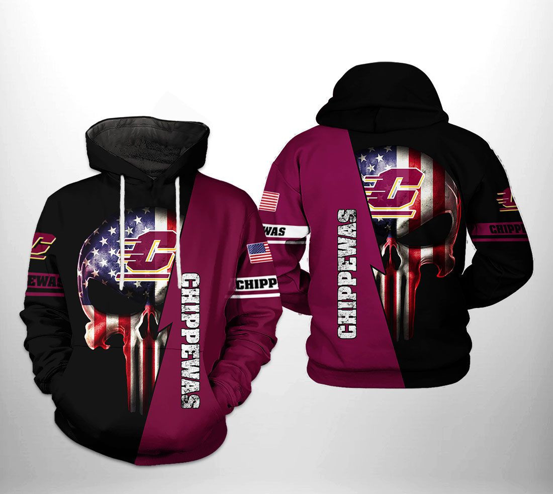 Central Michigan Chippewas NCAA US Flag Skull Hoodie Zip Hoodie